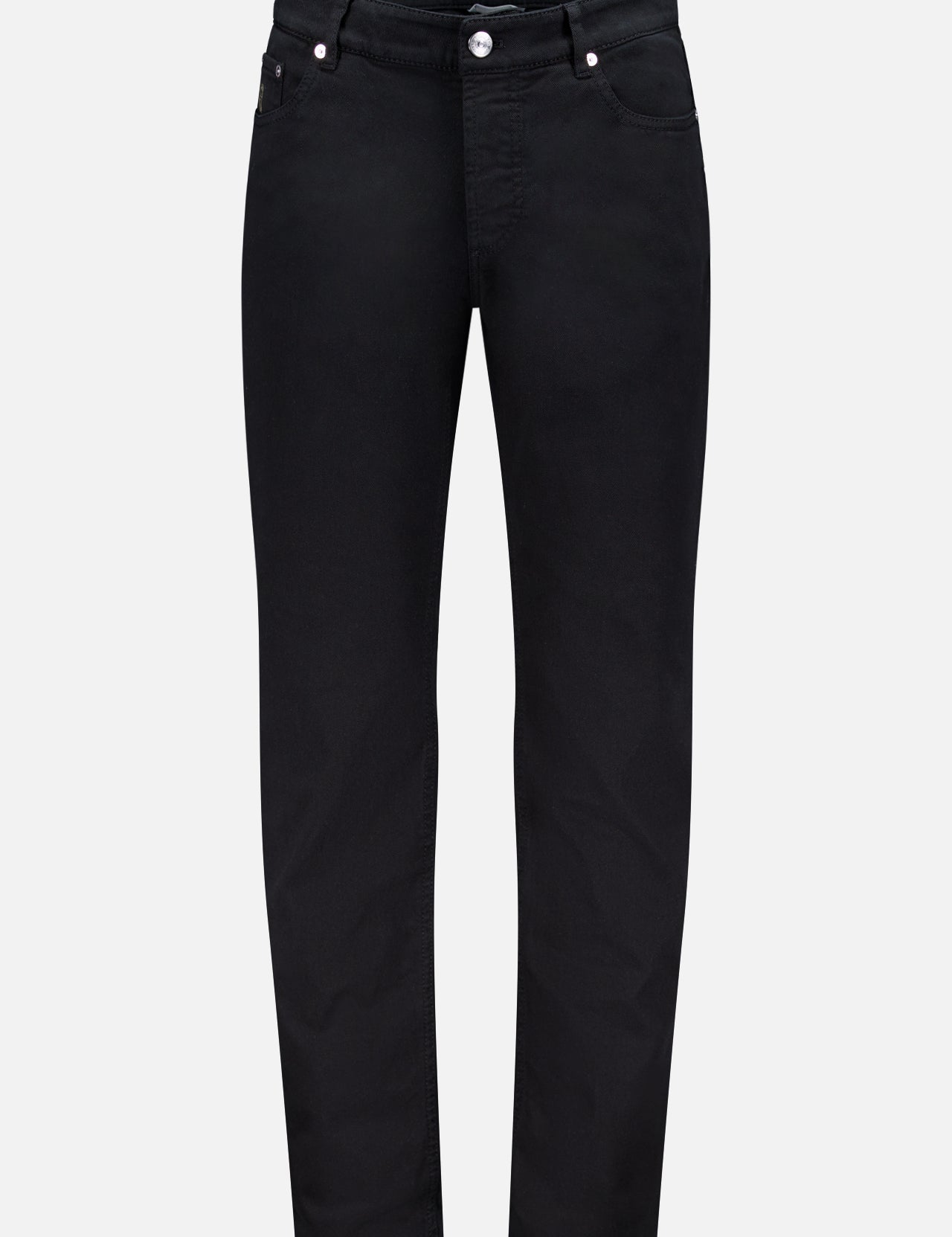Dyed Denim Jeans in Nero by BRUNELLO CUCINELLI: plain black jeans made from premium stretch denim, featuring a classic five-pocket design with silver button and rivets, shown against a white background.