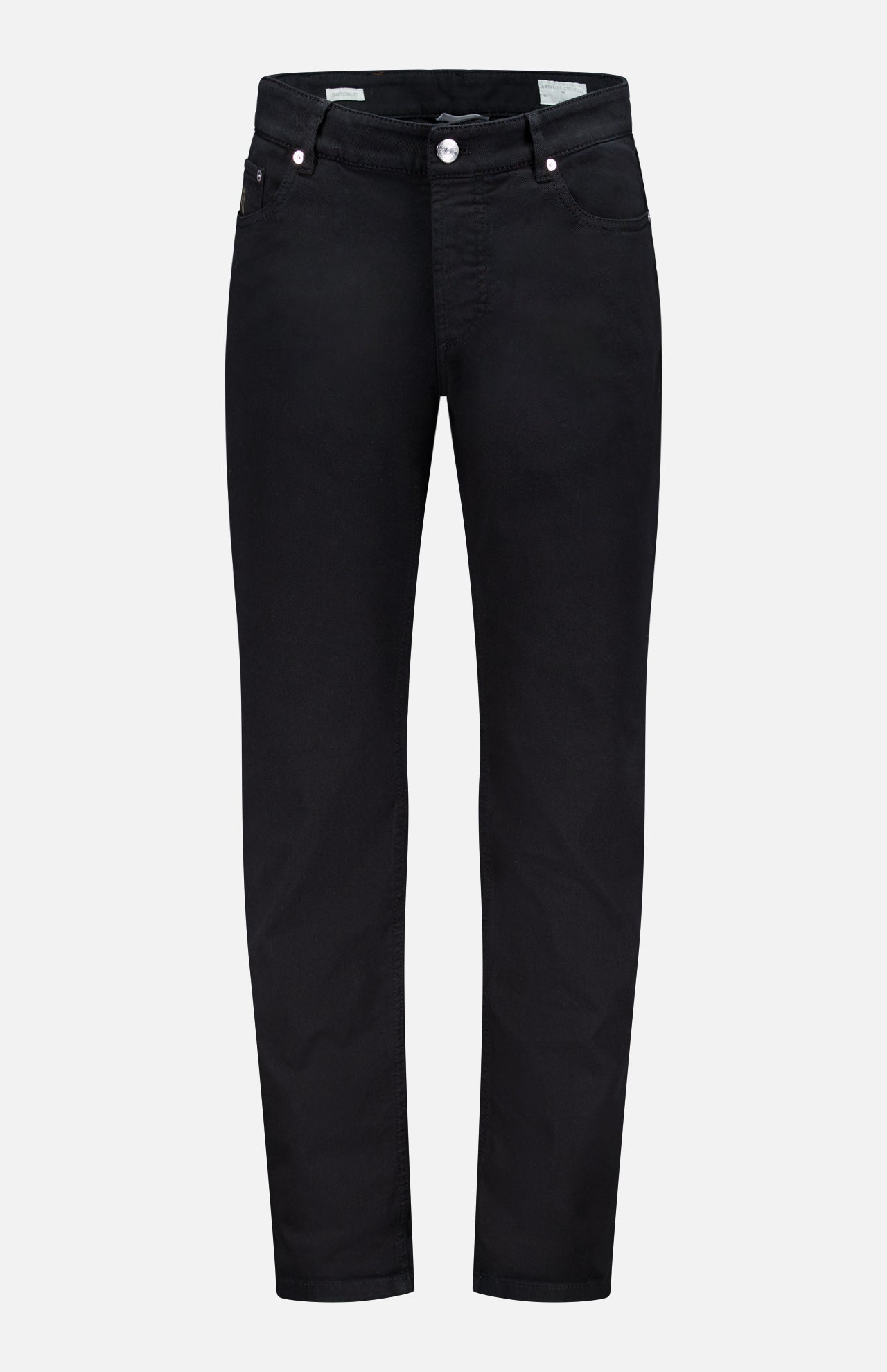 Dyed Denim Jeans in Nero by BRUNELLO CUCINELLI: plain black jeans made from premium stretch denim, featuring a classic five-pocket design with silver button and rivets, shown against a white background.
