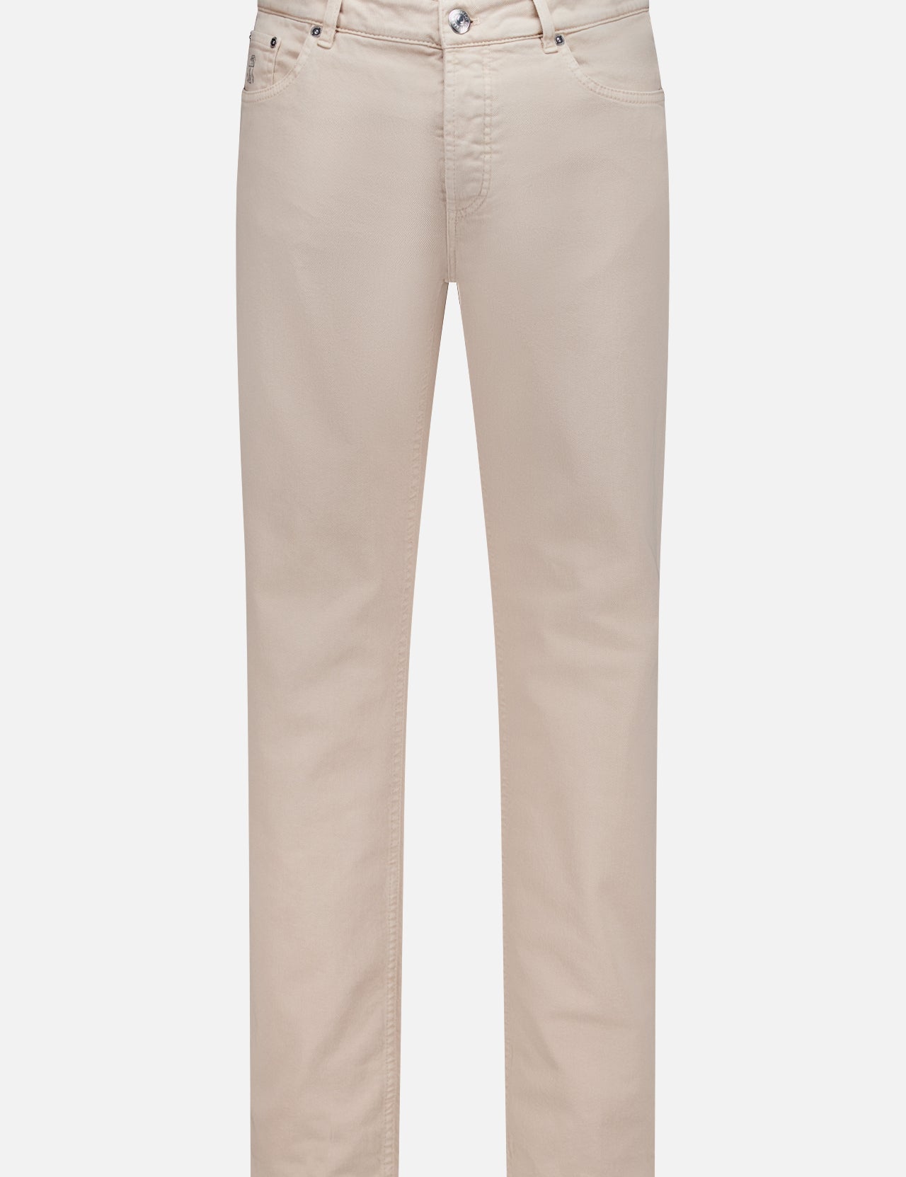 The BRUNELLO CUCINELLI Button Fly Dyed Denim Pants are beige men's straight-leg jeans, expertly crafted from luxurious Italian denim with front and back pockets, belt loops, and a classic button fly closure—shown on a white background.
