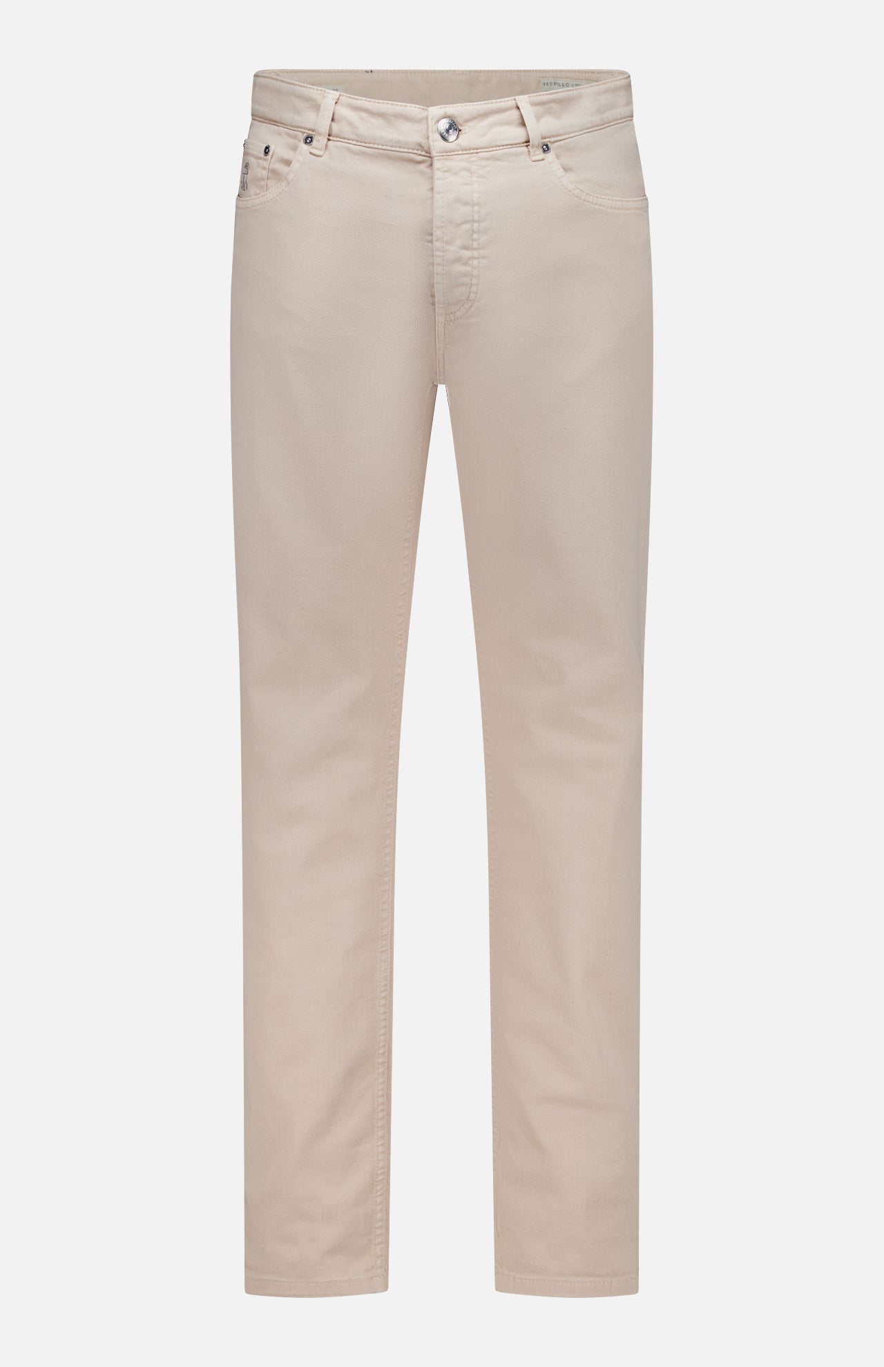 The BRUNELLO CUCINELLI Button Fly Dyed Denim Pants are beige men's straight-leg jeans, expertly crafted from luxurious Italian denim with front and back pockets, belt loops, and a classic button fly closure—shown on a white background.