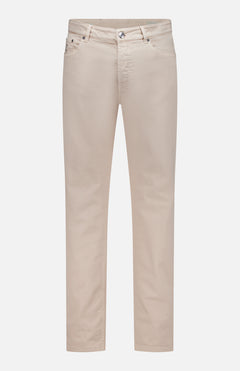 The BRUNELLO CUCINELLI Button Fly Dyed Denim Pants are beige men's straight-leg jeans, expertly crafted from luxurious Italian denim with front and back pockets, belt loops, and a classic button fly closure—shown on a white background.