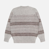 A Fair Isle Crewneck Sweater by BRUNELLO CUCINELLI in light gray, featuring brown and gray horizontal jacquard patterns across the body and sleeves, displayed flat on a white background.