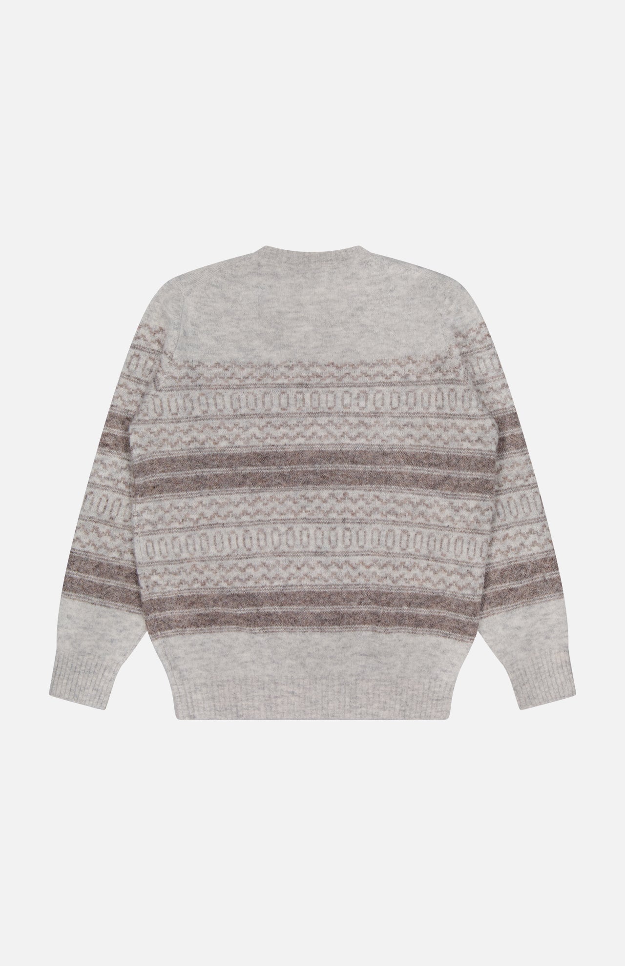 A Fair Isle Crewneck Sweater by BRUNELLO CUCINELLI in light gray, featuring brown and gray horizontal jacquard patterns across the body and sleeves, displayed flat on a white background.