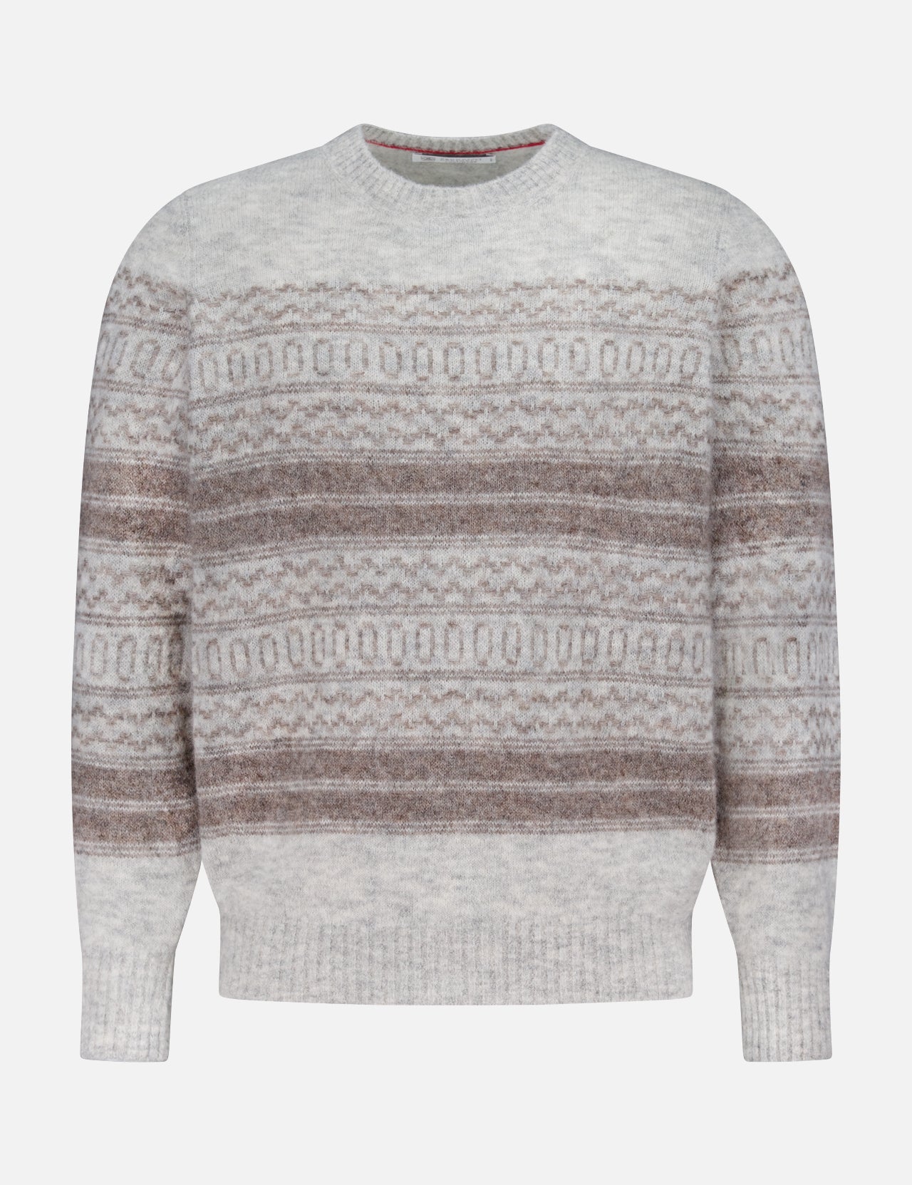 The Fair Isle Crewneck Sweater by BRUNELLO CUCINELLI features a classic silhouette in light gray, adorned with horizontal brown and beige geometric motifs inspired by Nordic jacquard patterns, and finished with ribbed collar, cuffs, and hem.