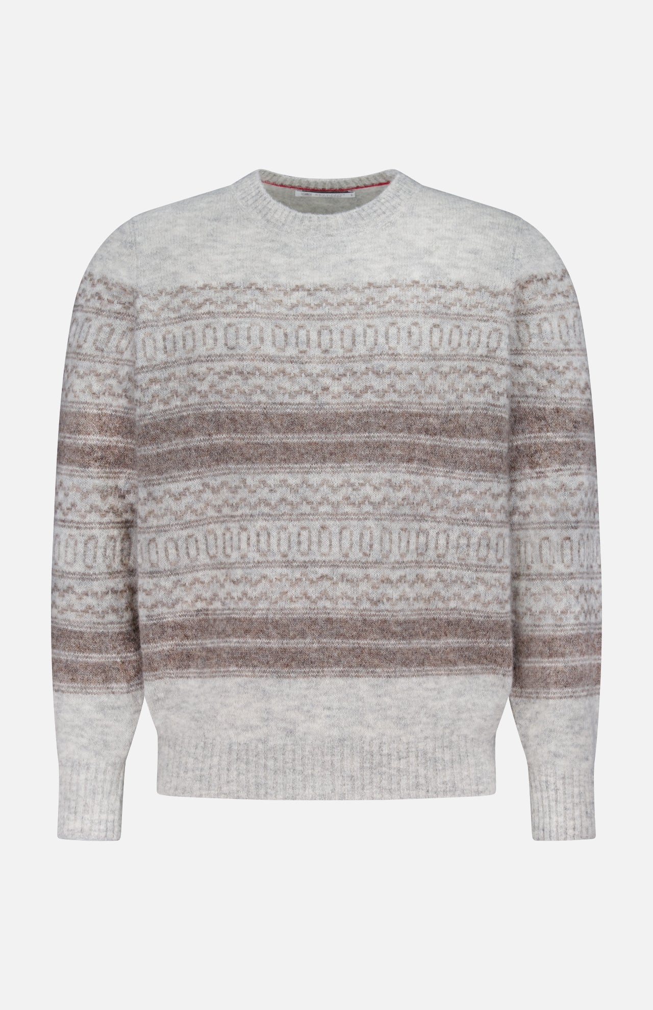 The Fair Isle Crewneck Sweater by BRUNELLO CUCINELLI features a classic silhouette in light gray, adorned with horizontal brown and beige geometric motifs inspired by Nordic jacquard patterns, and finished with ribbed collar, cuffs, and hem.
