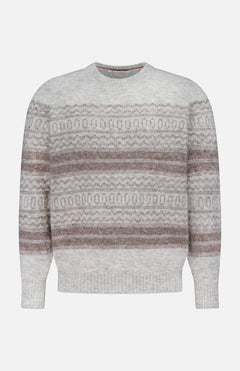 The Fair Isle Crewneck Sweater by BRUNELLO CUCINELLI features a classic silhouette in light gray, adorned with horizontal brown and beige geometric motifs inspired by Nordic jacquard patterns, and finished with ribbed collar, cuffs, and hem.