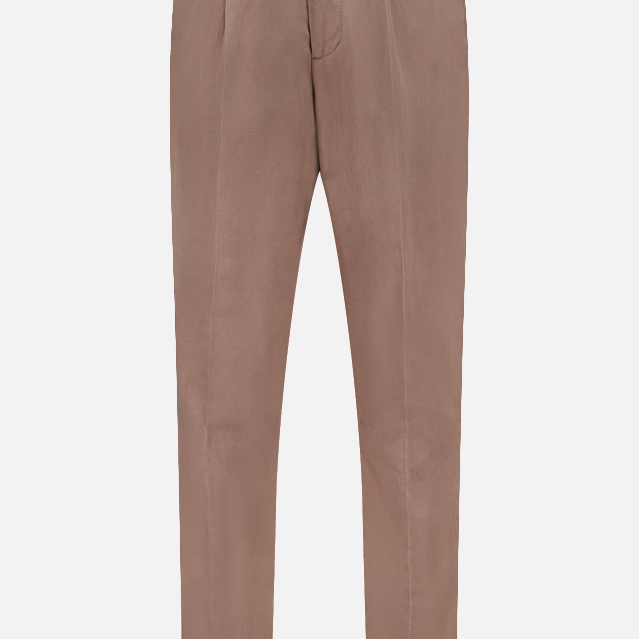 The Garbardina Delave Trouser Pant by BRUNELLO CUCINELLI is a light brown Italian-made silk linen-blend pant with button and zip closure, belt loops, front pleats, and turned-up hems, shown against a white background.