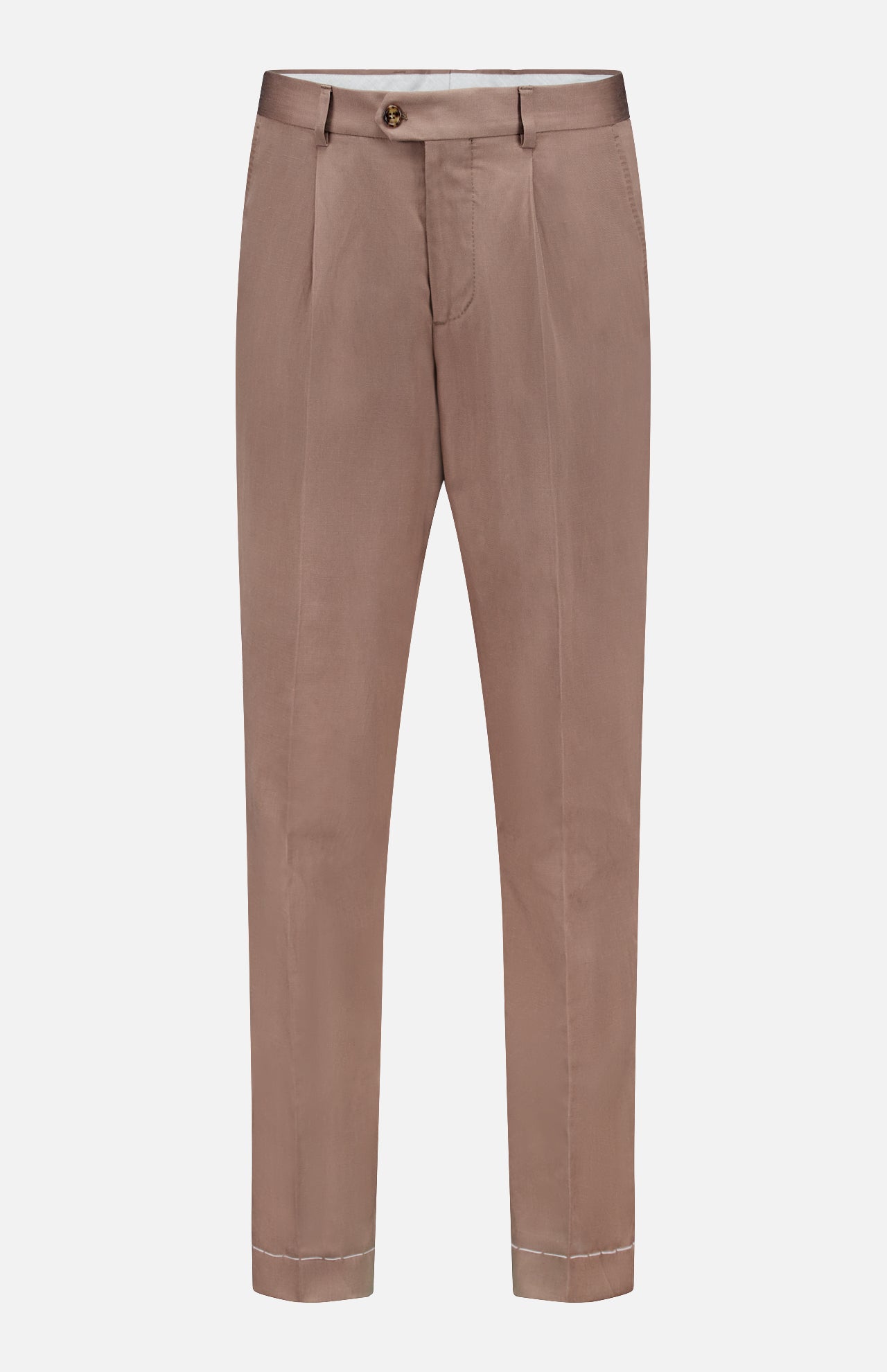 The Garbardina Delave Trouser Pant by BRUNELLO CUCINELLI is a light brown Italian-made silk linen-blend pant with button and zip closure, belt loops, front pleats, and turned-up hems, shown against a white background.