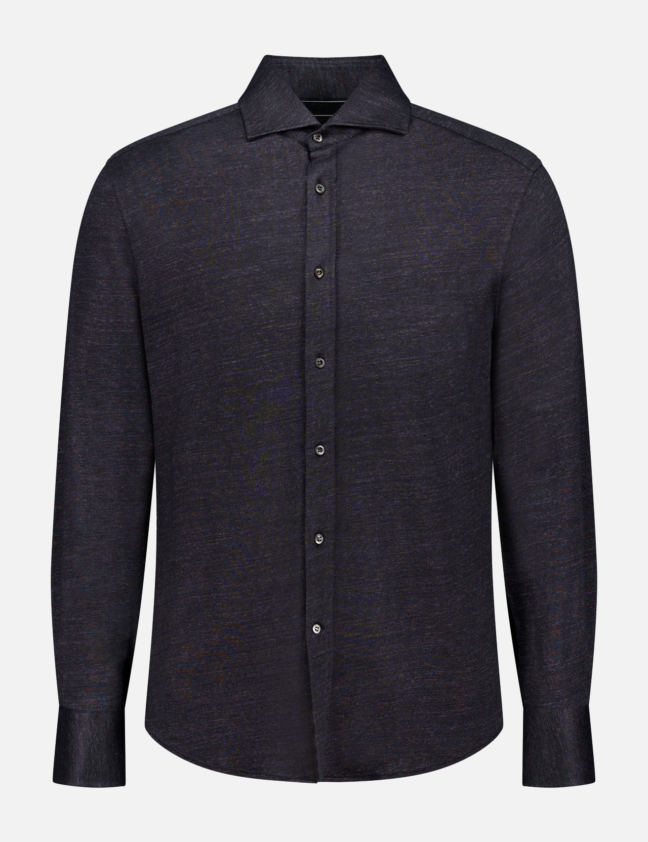 The BRUNELLO CUCINELLI Jersey Long Sleeve Dress Shirt features a black, collared, button-up design in a linen cotton blend, shown on a plain white background.