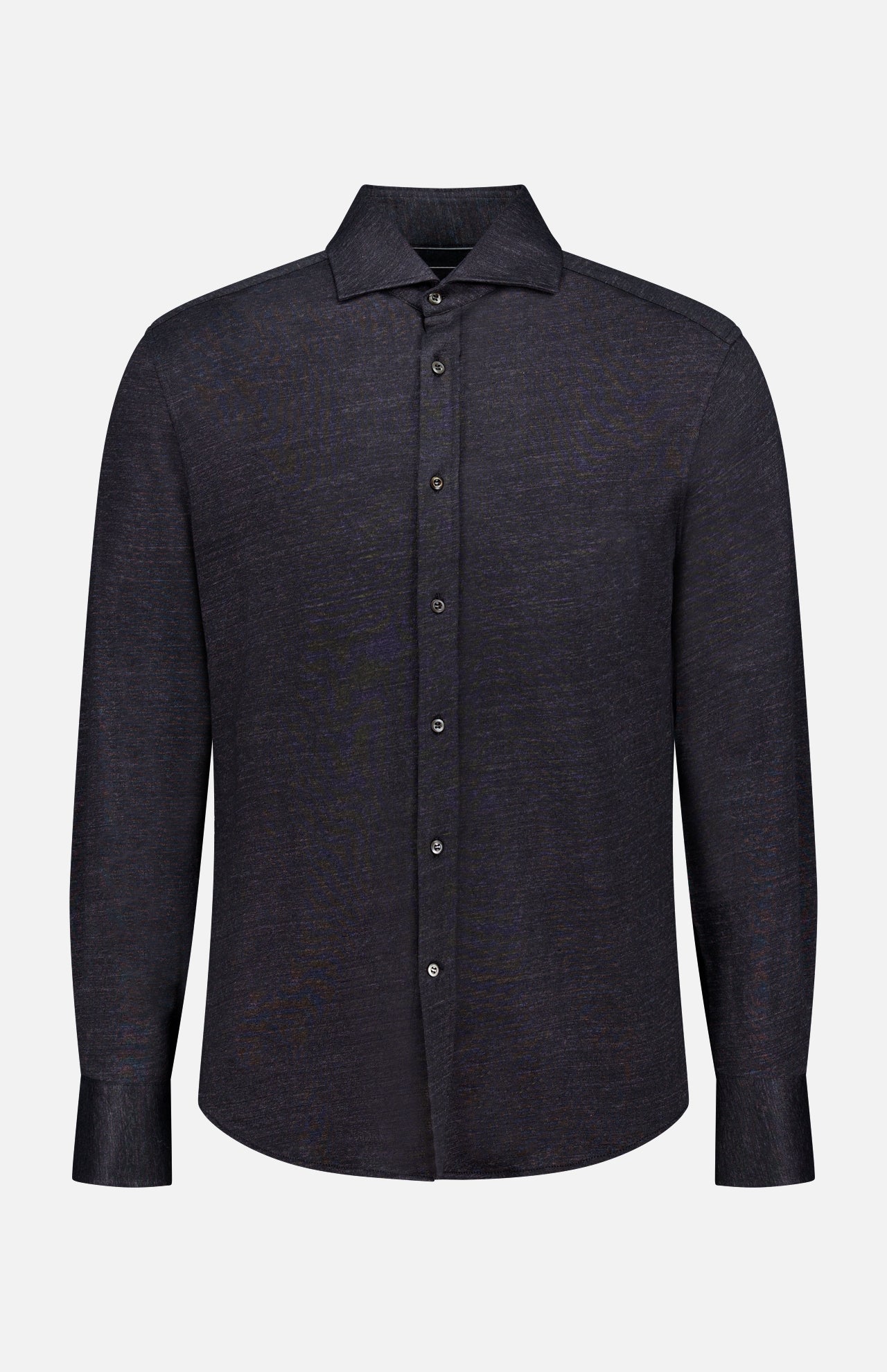 The BRUNELLO CUCINELLI Jersey Long Sleeve Dress Shirt features a black, collared, button-up design in a linen cotton blend, shown on a plain white background.