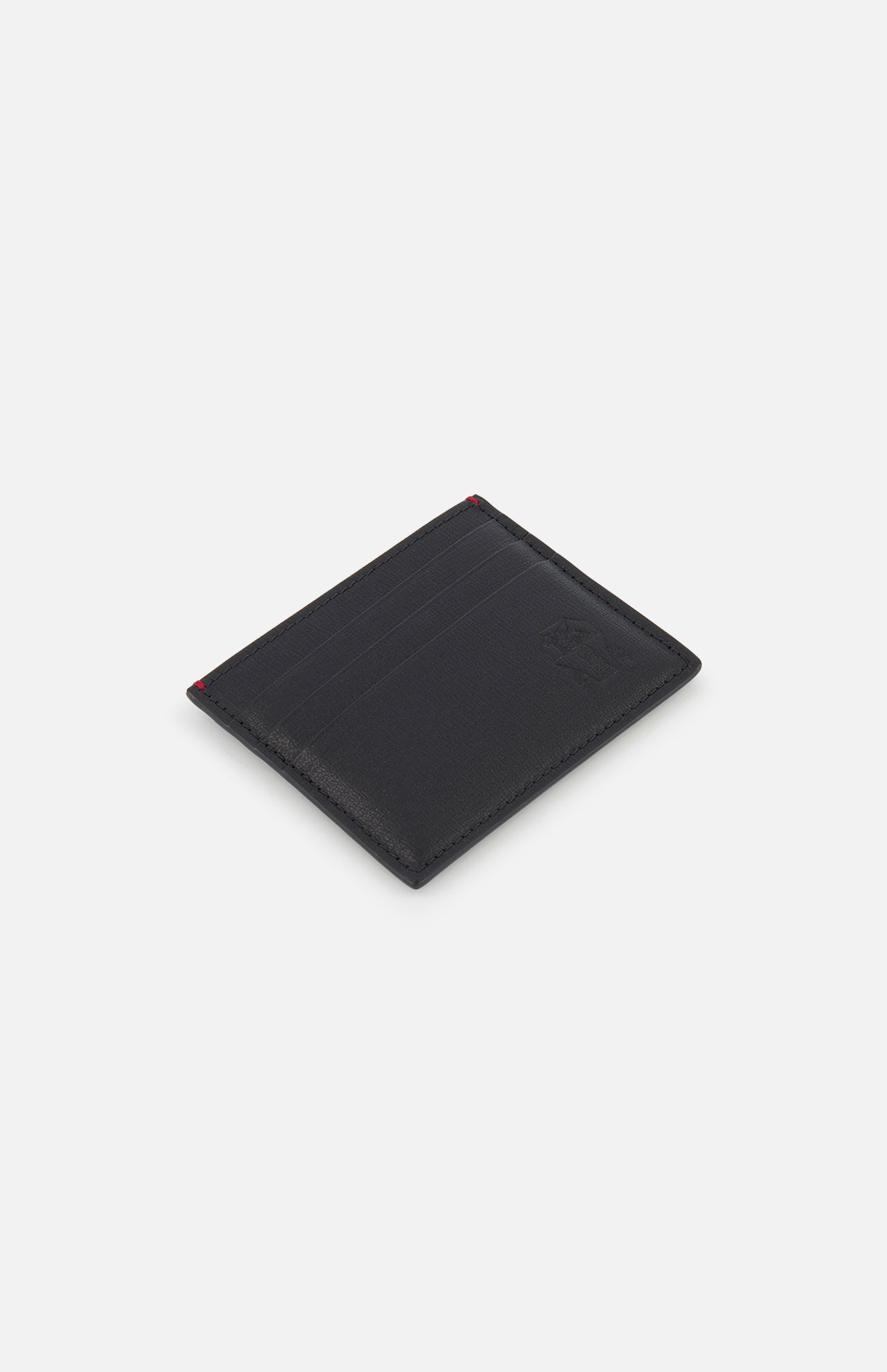 The BRUNELLO CUCINELLI Leather Cardholder with Middle Slot is a slim, black leather accessory featuring multiple card slots and subtle red edge stitching, displayed at an angle on a plain white background.