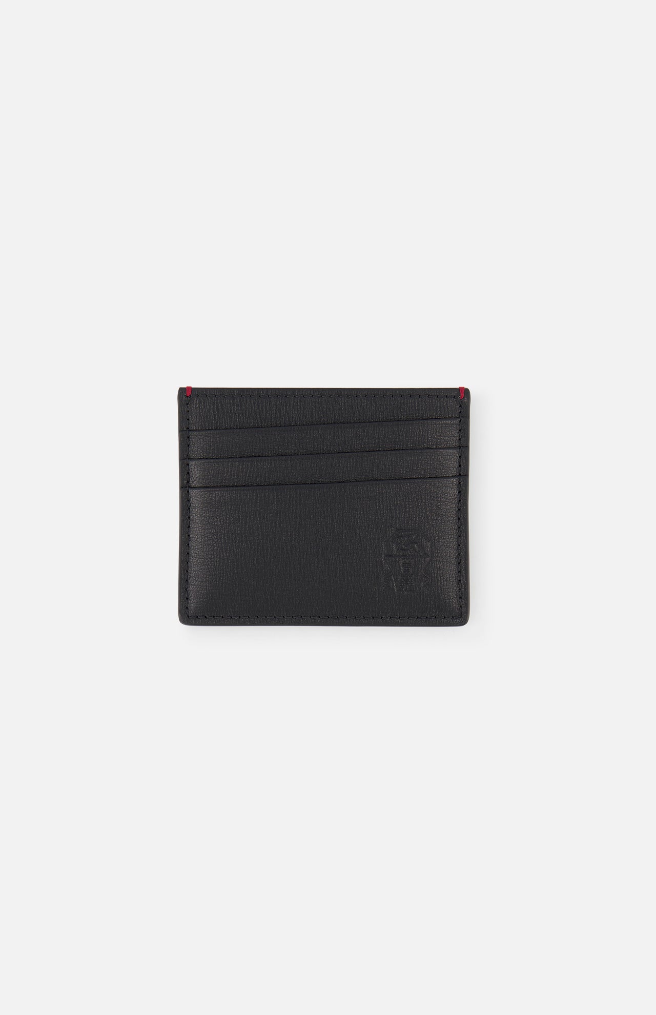 The BRUNELLO CUCINELLI Leather Cardholder with Middle Slot features black leather, three horizontal slots per side, subtle embossed branding at the bottom right, and red accents on the top corners, shown against a plain white background.