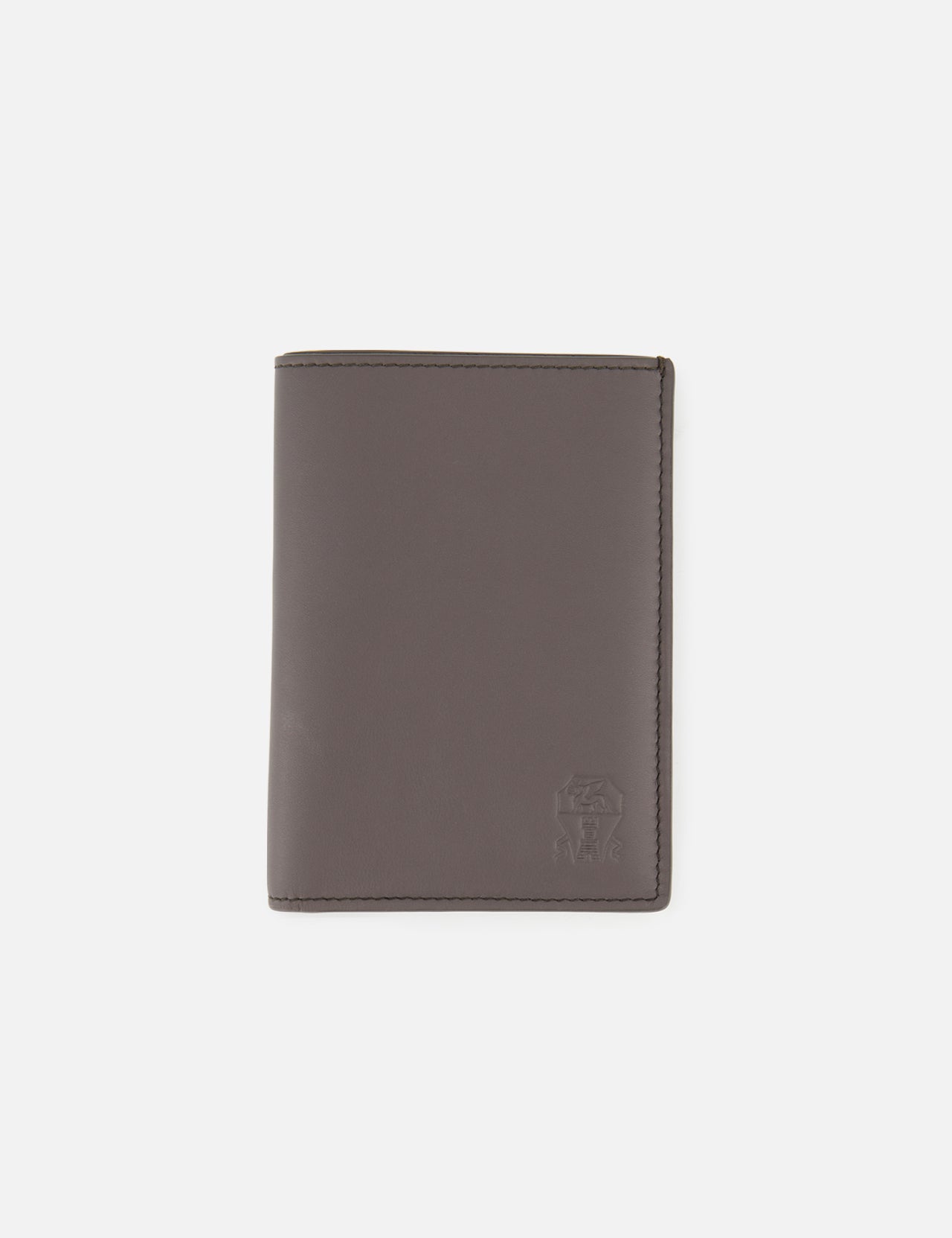 A closed, gray BRUNELLO CUCINELLI Leather Passport and Cardholder with a subtle embossed logo in the lower right corner, shown against a plain white background.