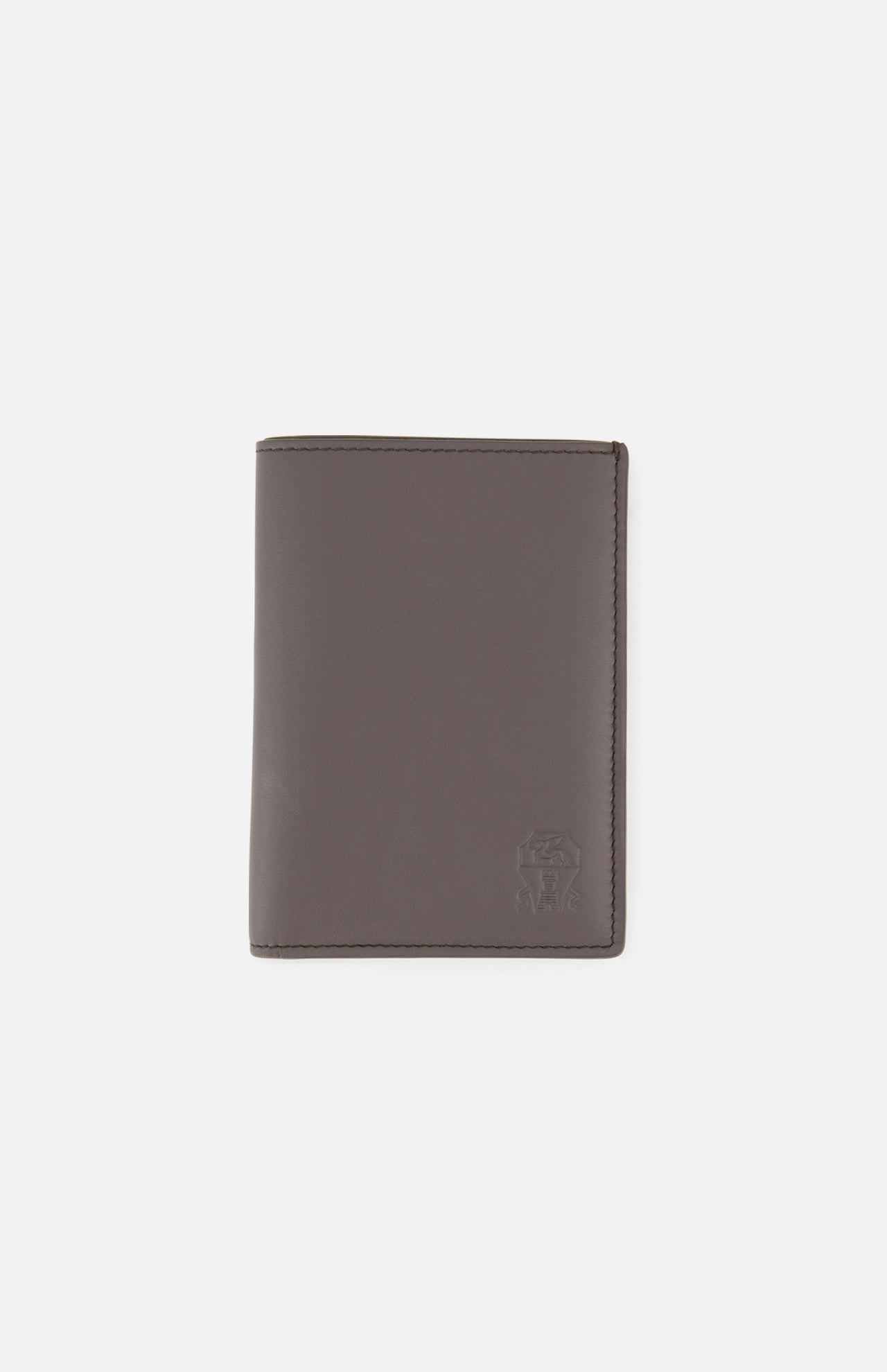 A closed, gray BRUNELLO CUCINELLI Leather Passport and Cardholder with a subtle embossed logo in the lower right corner, shown against a plain white background.
