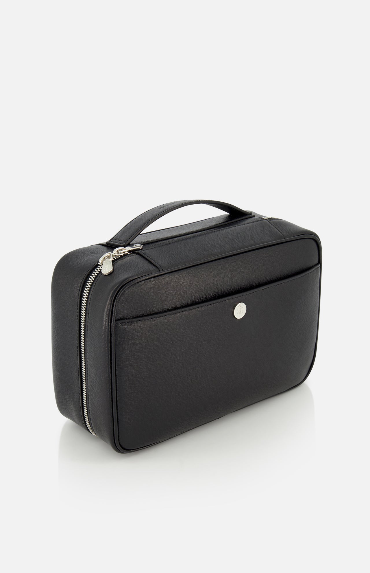 The BRUNELLO CUCINELLI Leather Dopp Kit is a rectangular black leather toiletry bag with a top handle, silver zippers, and a front pocket with a round metal button, displayed against a white background.
