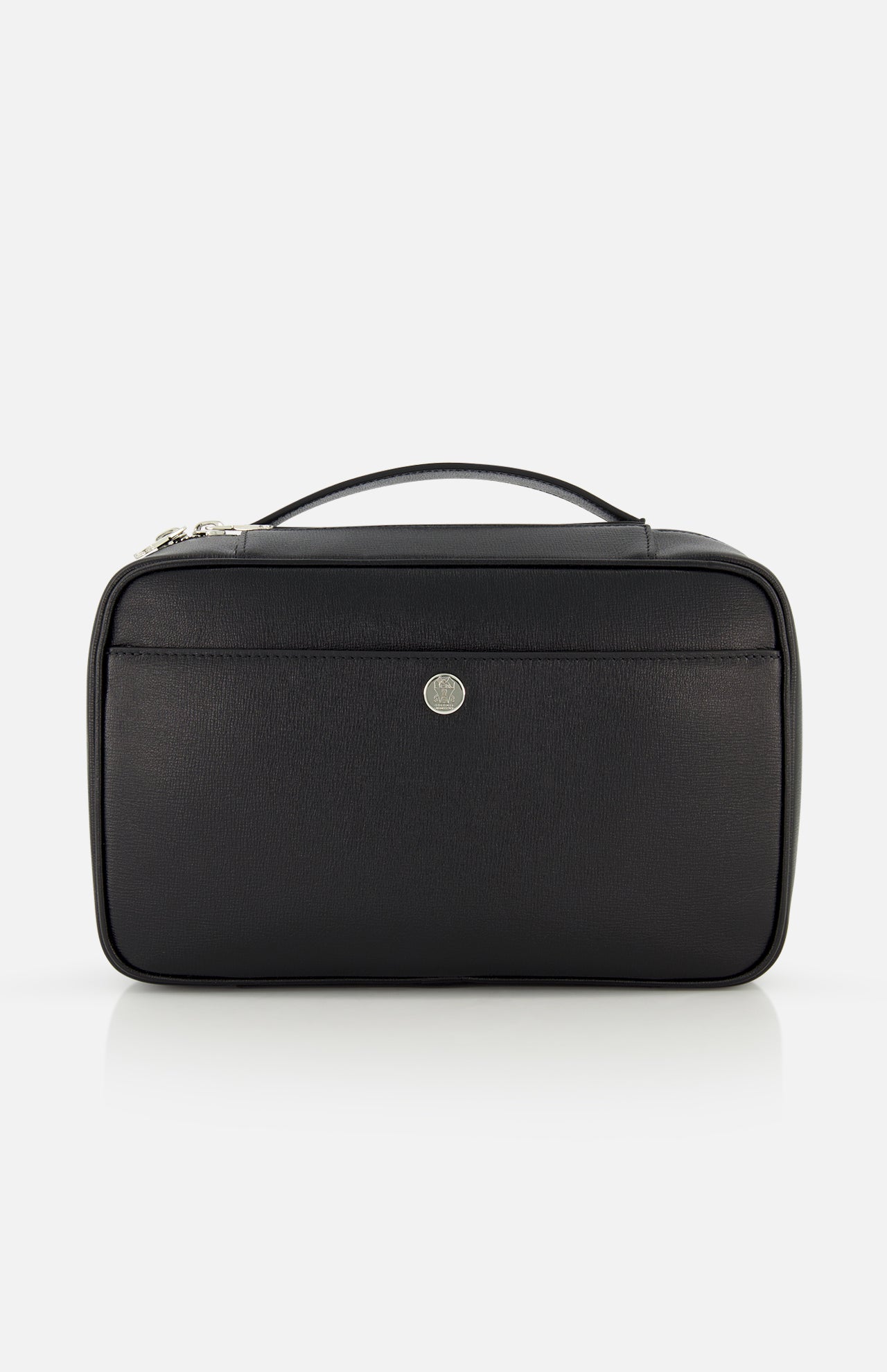 The BRUNELLO CUCINELLI Leather Dopp Kit is a rectangular black leather bag made in Italy, featuring a top handle, front pocket, and a small round metallic logo at the center, shown against a plain white background.
