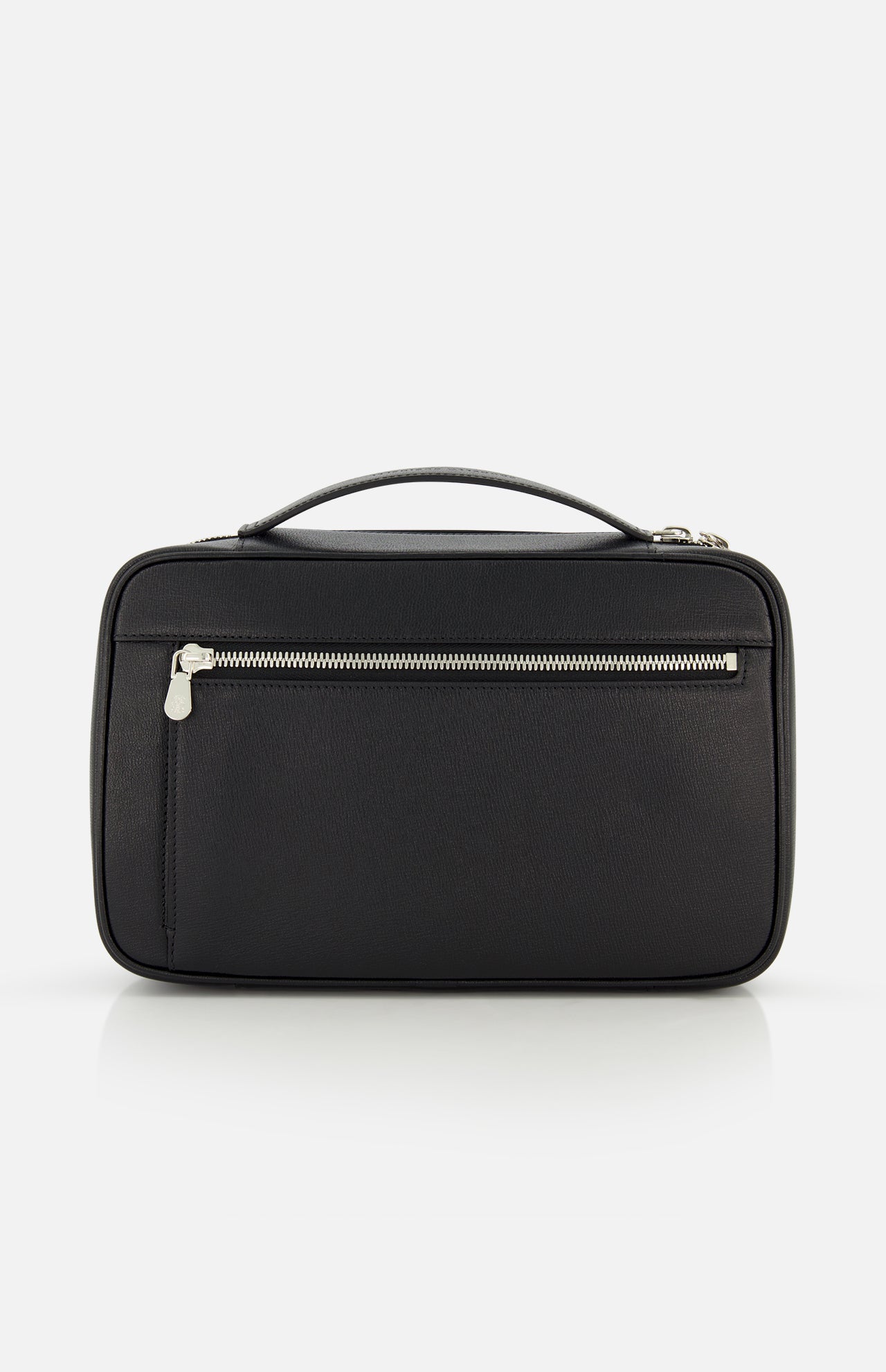 The BRUNELLO CUCINELLI Leather Dopp Kit, made in Italy, features black leather, a top handle, and a front zippered pocket. It is shown against a plain white background.