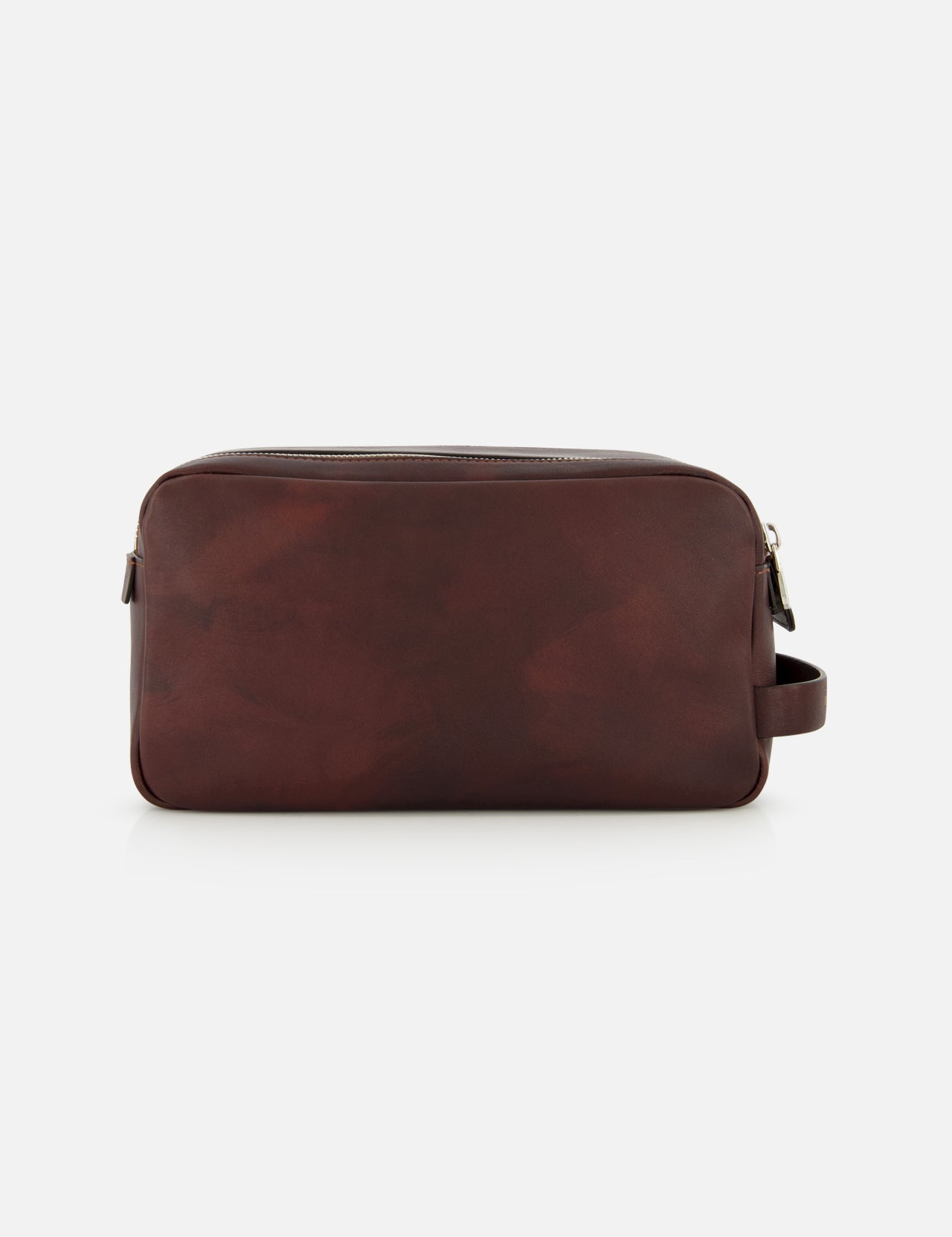 The BRUNELLO CUCINELLI Leather Dopp Kit is a rectangular, dark brown leather travel accessory—crafted in Italy—with a right-side handle and a top zipper, displayed against a plain white background; ideal for organizing your essentials in style.