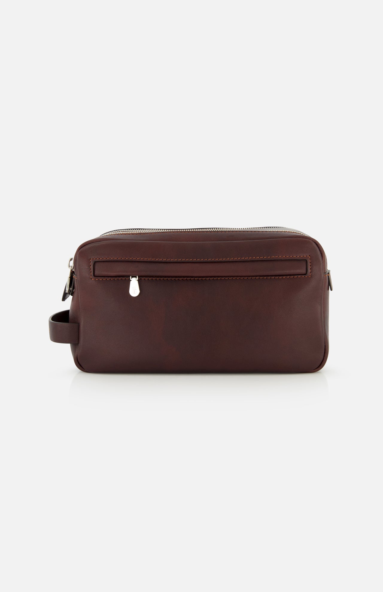 The BRUNELLO CUCINELLI Leather Dopp Kit, crafted in Italy from brown leather, showcases a rectangular silhouette with a front zip pocket, top zipper closure, and convenient side handle—ideal for organizing your travel essentials and beautifully presented against a white background.