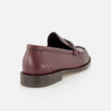 The BRUNELLO CUCINELLI Leather Woven Band Loafers are shown from the back side angle, featuring a smooth maroon finish, low heel, and classic design against a plain white background.