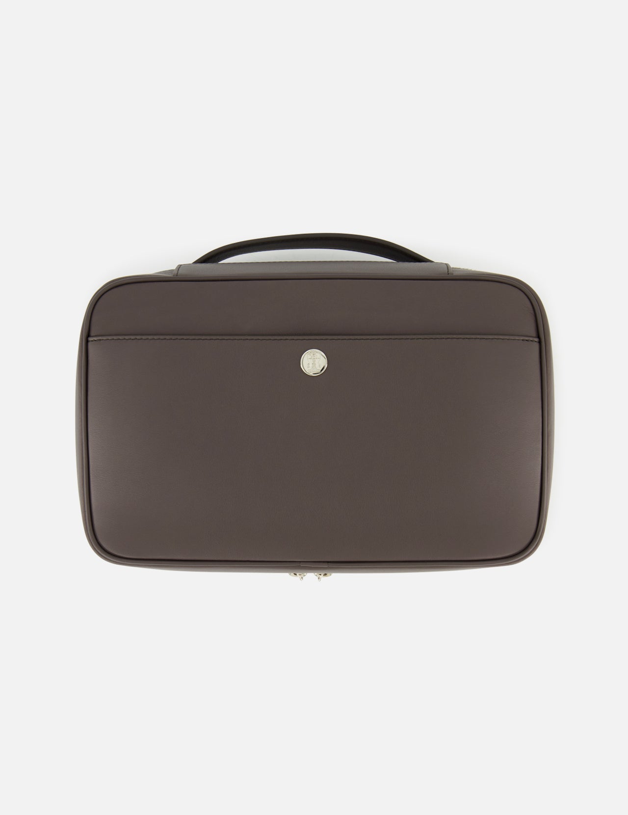 The BRUNELLO CUCINELLI Leather Travel Bag is a brown leather briefcase with a top handle and a front pocket, distinguished by a small circular silver emblem at its center. Exuding sophistication and practicality, this men's travel accessory is ideal for those who value the refined style associated with luxury travel beauty cases.