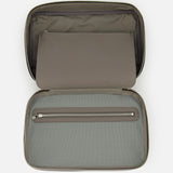 Introducing the BRUNELLO CUCINELLI Leather Travel Bag: an open gray zippered case featuring a fabric-lined interior, a mesh zippered pocket on the bottom half, and a flat pocket on the top half. Ideal as a sophisticated men's travel accessory or as an alternative to classic leather toiletry bags, this luxury beauty case is empty and showcased against a plain white background.