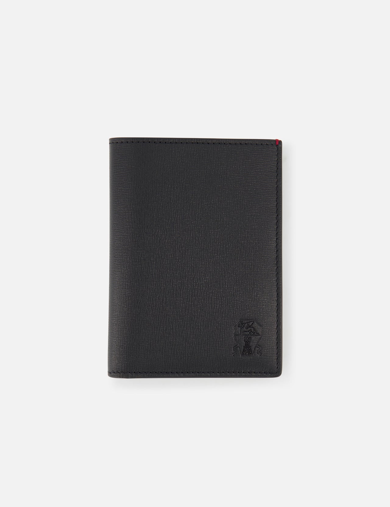 A closed BRUNELLO CUCINELLI Leather Wallet and Passport Holder in black leather, featuring a subtle embossed logo on the lower right corner, displayed against a plain white background.