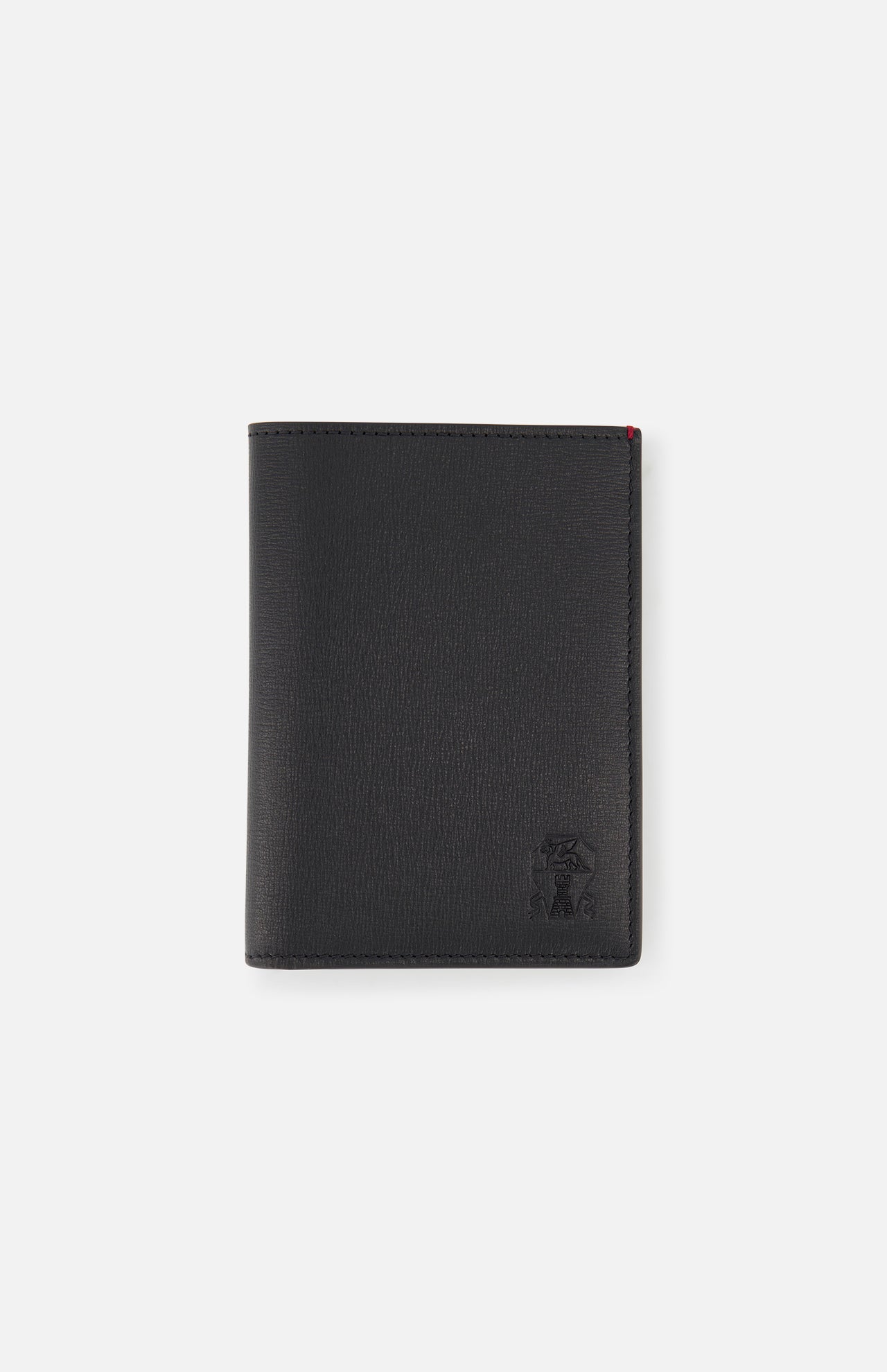 A closed BRUNELLO CUCINELLI Leather Wallet and Passport Holder in black leather, featuring a subtle embossed logo on the lower right corner, displayed against a plain white background.