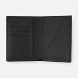 The BRUNELLO CUCINELLI Leather Wallet and Passport Holder, made in Italy, features black leather, left-side card slots, and a right angled pocket, shown open on a plain white background.
