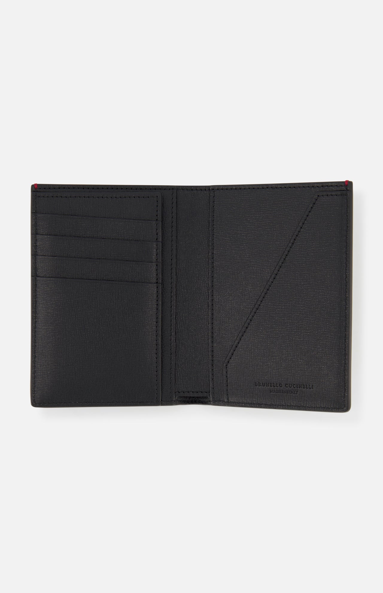The BRUNELLO CUCINELLI Leather Wallet and Passport Holder, made in Italy, features black leather, left-side card slots, and a right angled pocket, shown open on a plain white background.