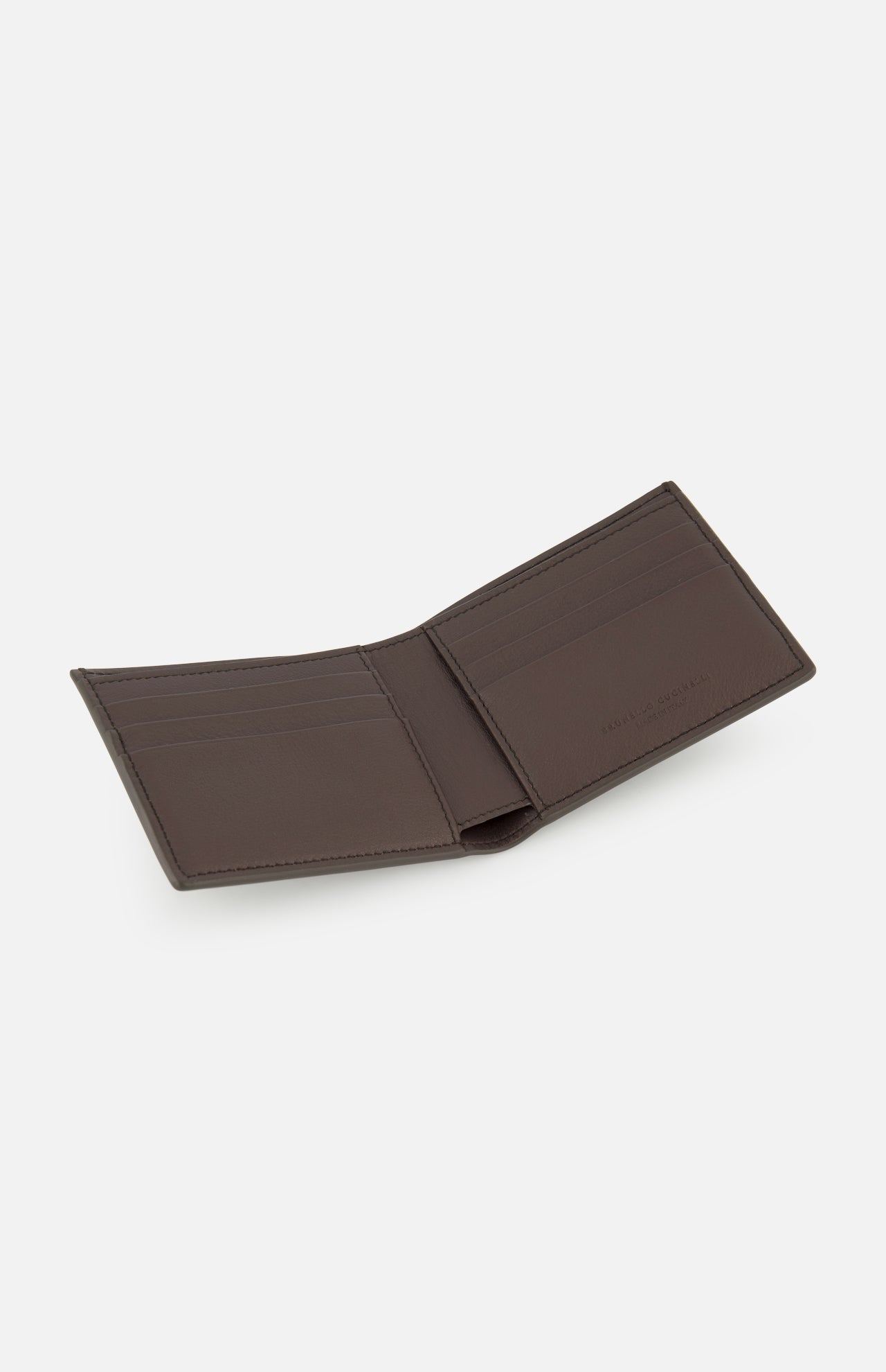 A BRUNELLO CUCINELLI Smooth Leather Wallet, crafted in Italy from brown leather and featuring multiple card slots on both sides, is displayed on a plain white background.