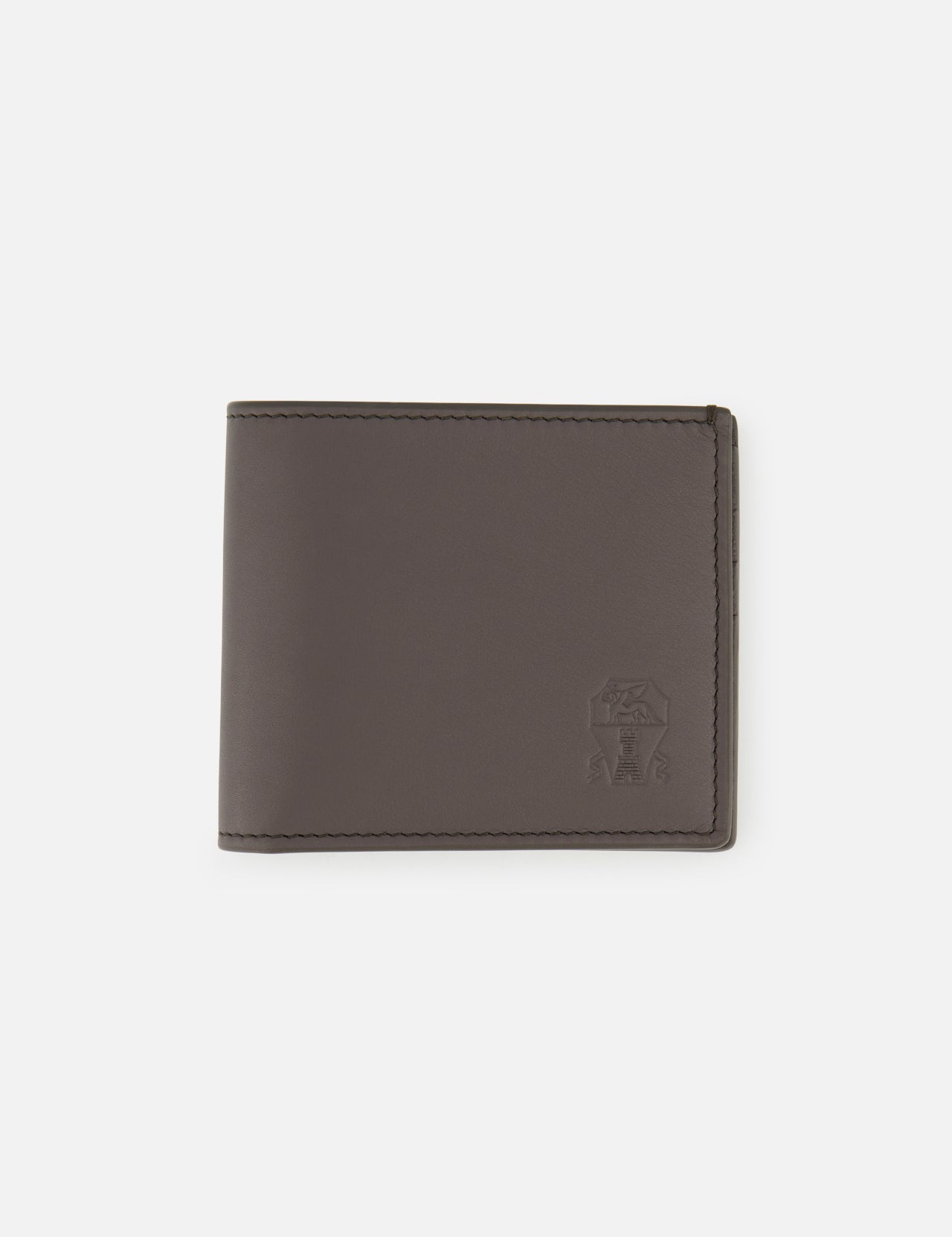 A closed BRUNELLO CUCINELLI Smooth Leather Wallet in rich brown, featuring visible stitching and a subtle embossed logo on the lower right corner, is displayed against a plain white background—exemplifying luxury organization and expert Italian craftsmanship.