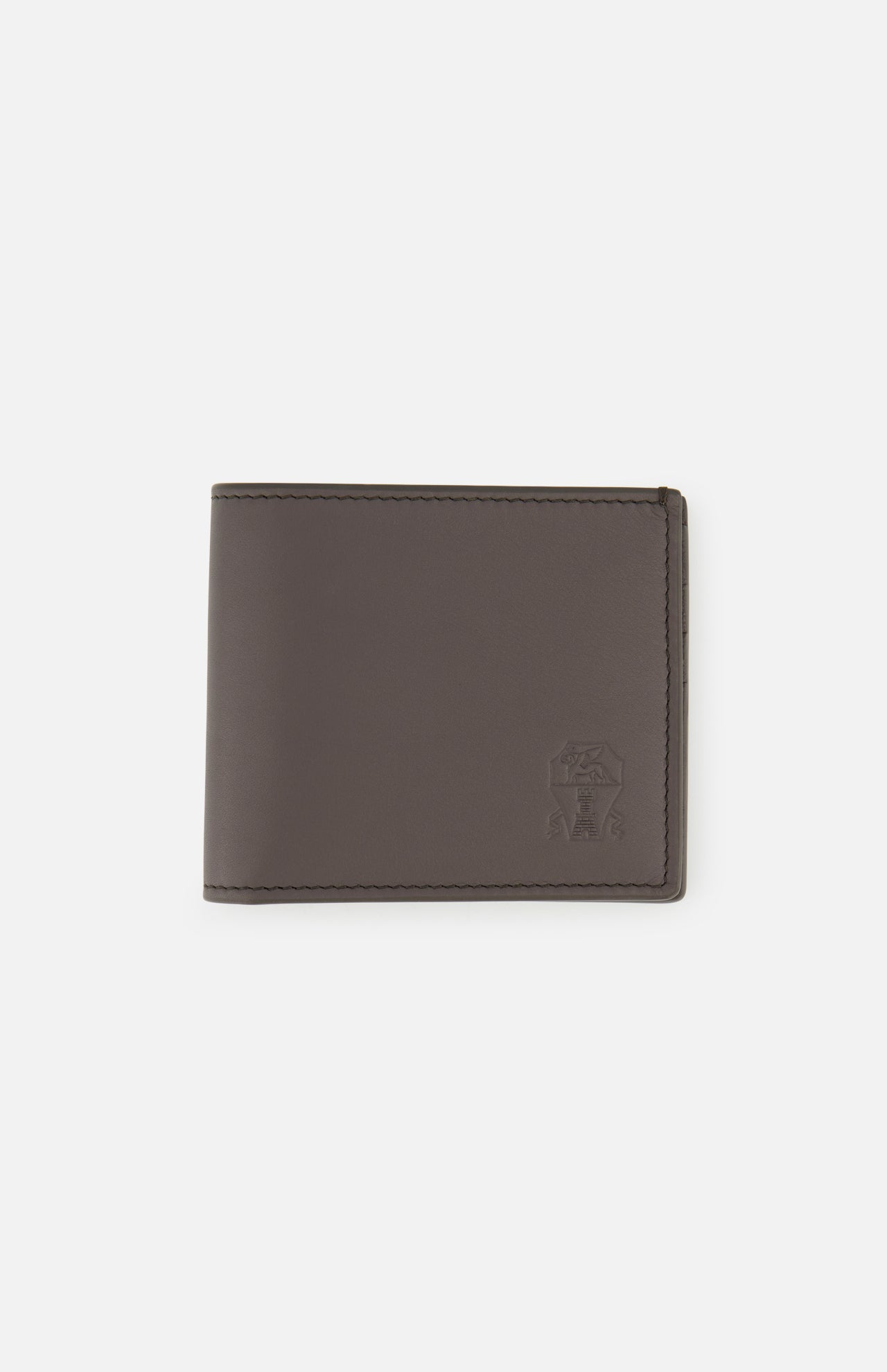 A closed BRUNELLO CUCINELLI Smooth Leather Wallet in rich brown, featuring visible stitching and a subtle embossed logo on the lower right corner, is displayed against a plain white background—exemplifying luxury organization and expert Italian craftsmanship.