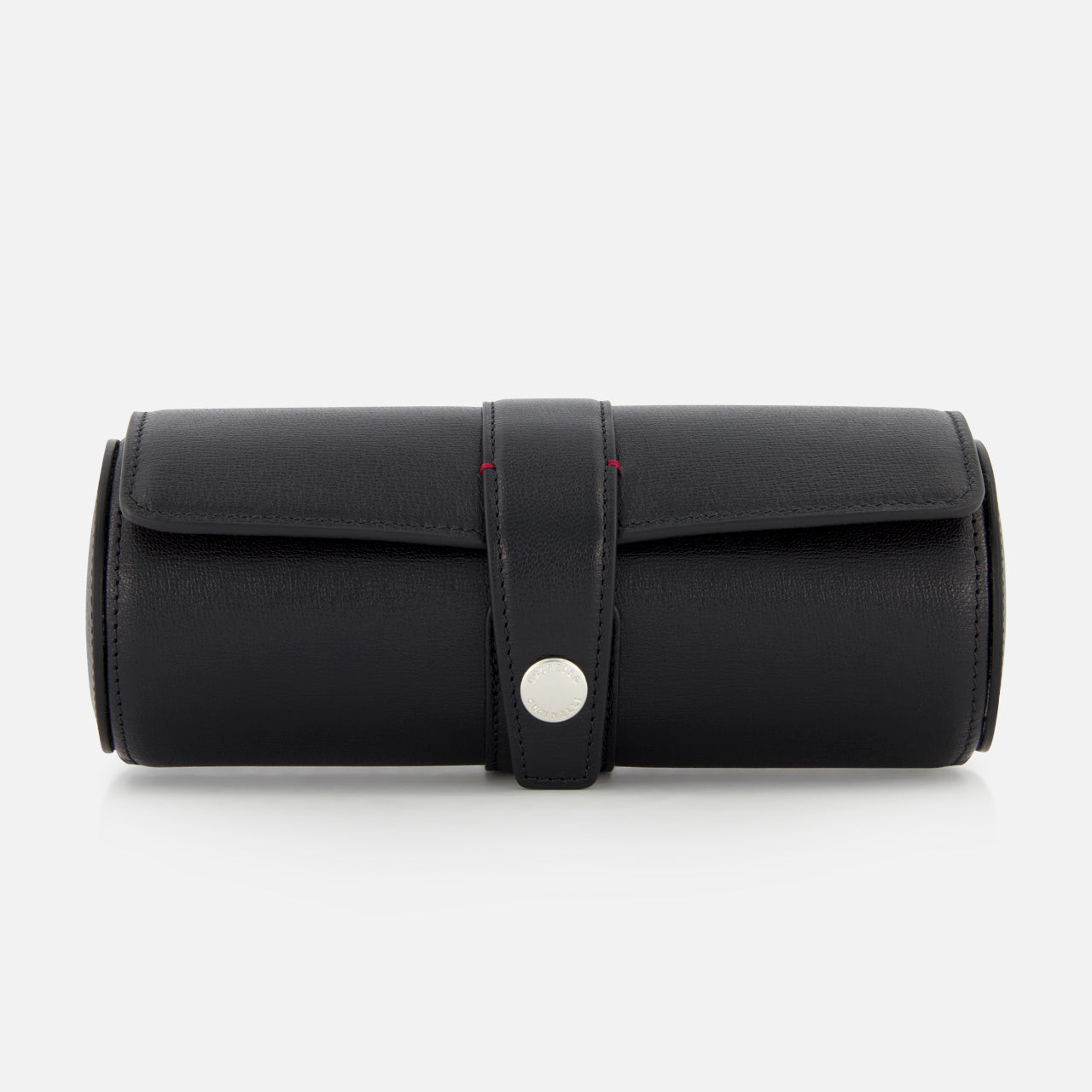 The BRUNELLO CUCINELLI Leather Cylinder Watchcase in black leather features a secure strap and silver button closure, ideal for travel watch storage. Shown on a plain white background.