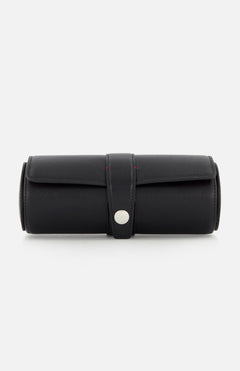 The BRUNELLO CUCINELLI Leather Cylinder Watchcase in black leather features a secure strap and silver button closure, ideal for travel watch storage. Shown on a plain white background.