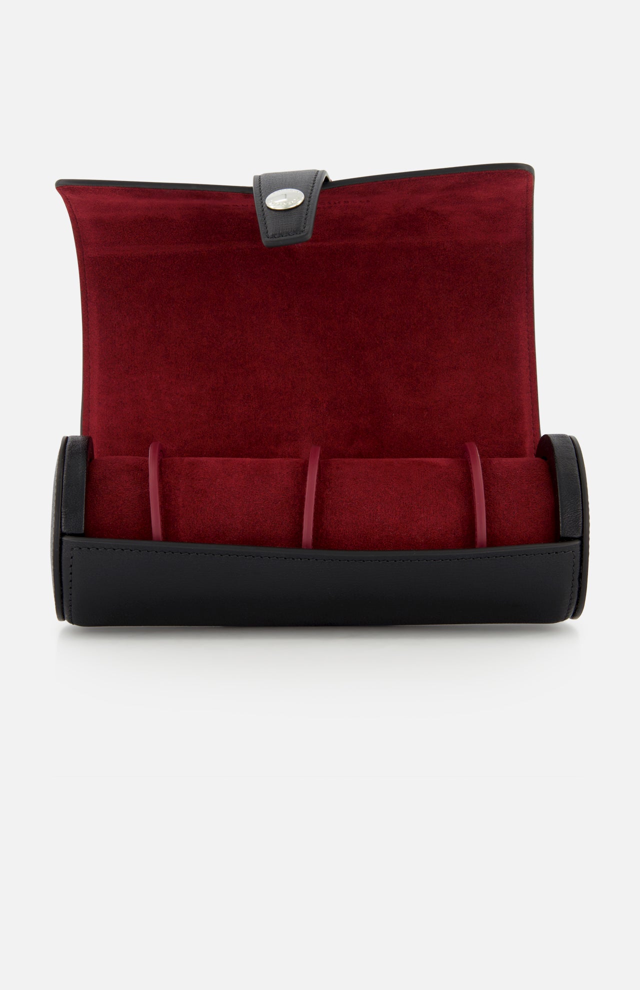 The BRUNELLO CUCINELLI Leather Cylinder Watchcase features a black and red leather design, button closure, soft red interior, and compartments—perfect for securely storing multiple watches while traveling.