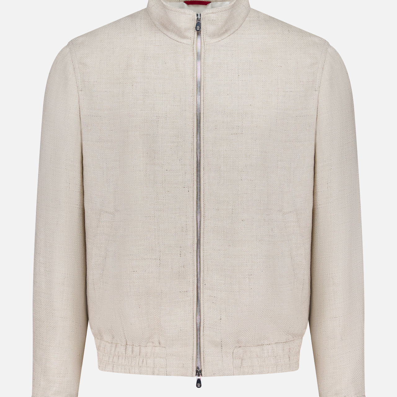 The BRUNELLO CUCINELLI Light Full Zip Woven Jacket is a cream, long-sleeve casual style with a stand collar and elastic waistband, featuring a minimalist design. Made in Italy, it is shown against a plain white background.