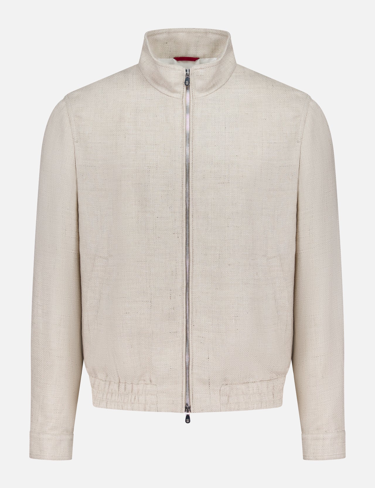 The BRUNELLO CUCINELLI Light Full Zip Woven Jacket is a cream, long-sleeve casual style with a stand collar and elastic waistband, featuring a minimalist design. Made in Italy, it is shown against a plain white background.