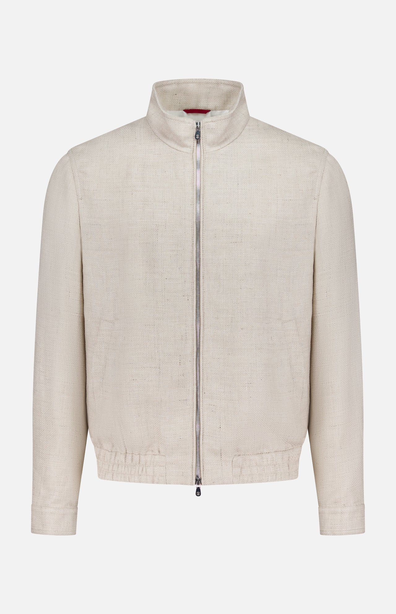 The BRUNELLO CUCINELLI Light Full Zip Woven Jacket is a cream, long-sleeve casual style with a stand collar and elastic waistband, featuring a minimalist design. Made in Italy, it is shown against a plain white background.