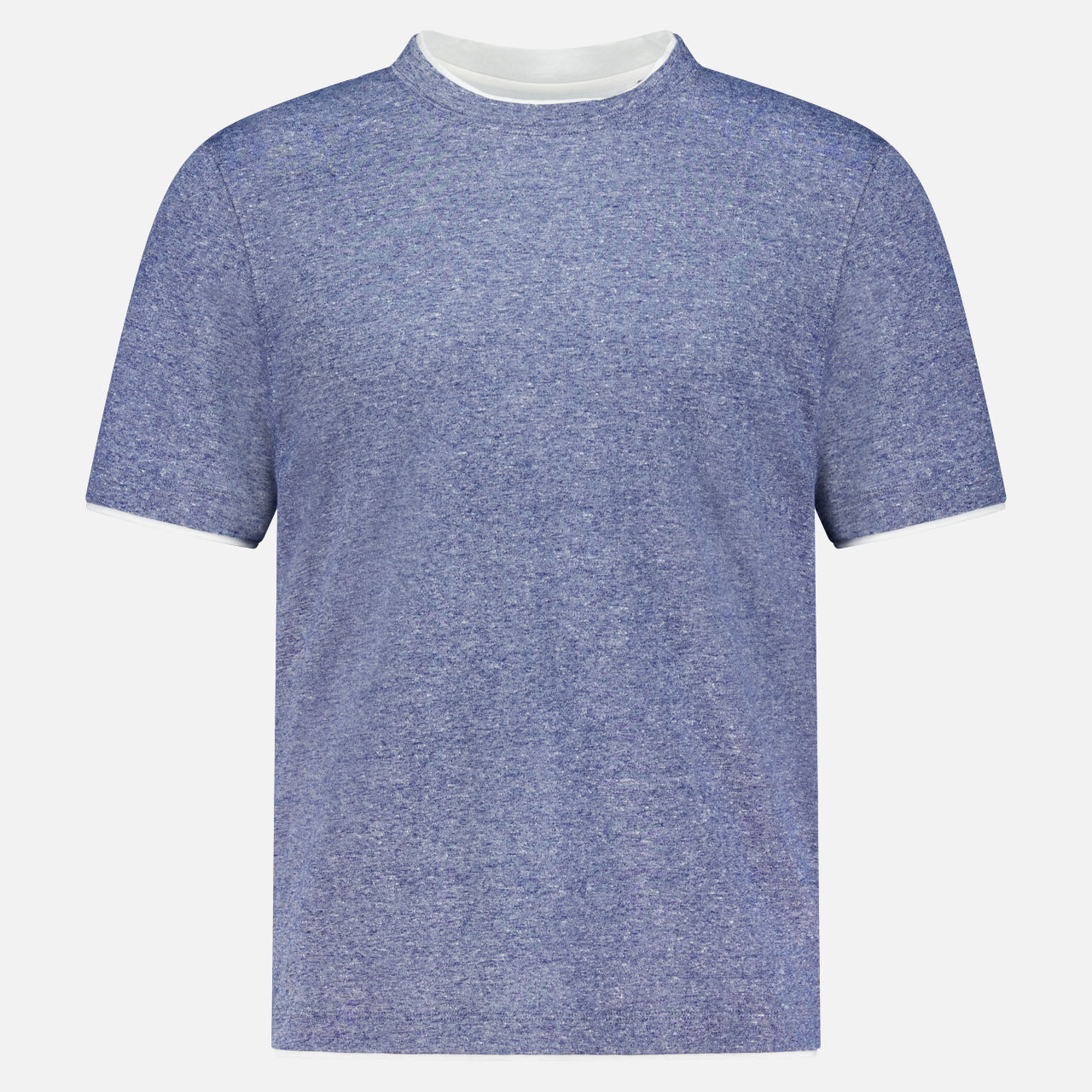 The BRUNELLO CUCINELLI Linen Cotton Double Layered T-Shirt in heathered blue features a classic white crew neck and is made in Italy, shown against a plain white background.