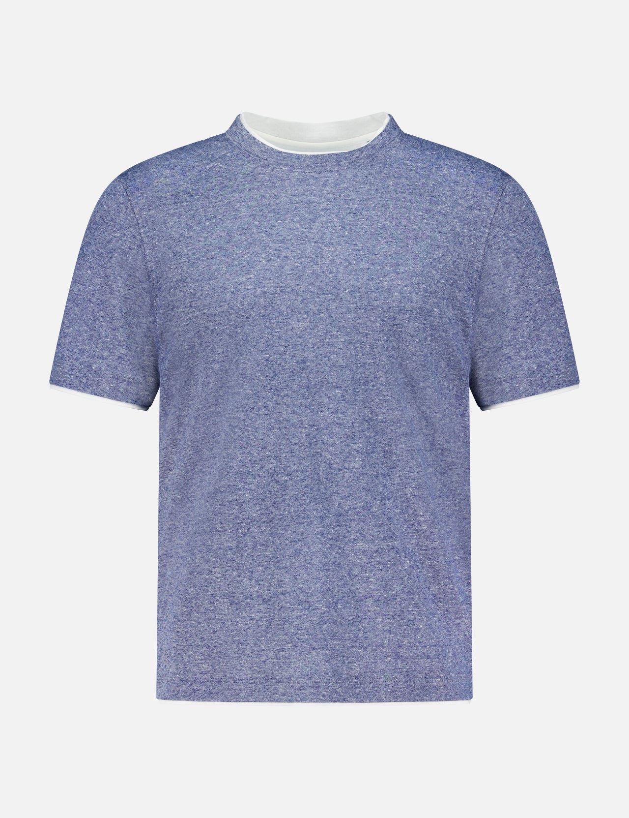 The BRUNELLO CUCINELLI Linen Cotton Double Layered T-Shirt in heathered blue features a classic white crew neck and is made in Italy, shown against a plain white background.