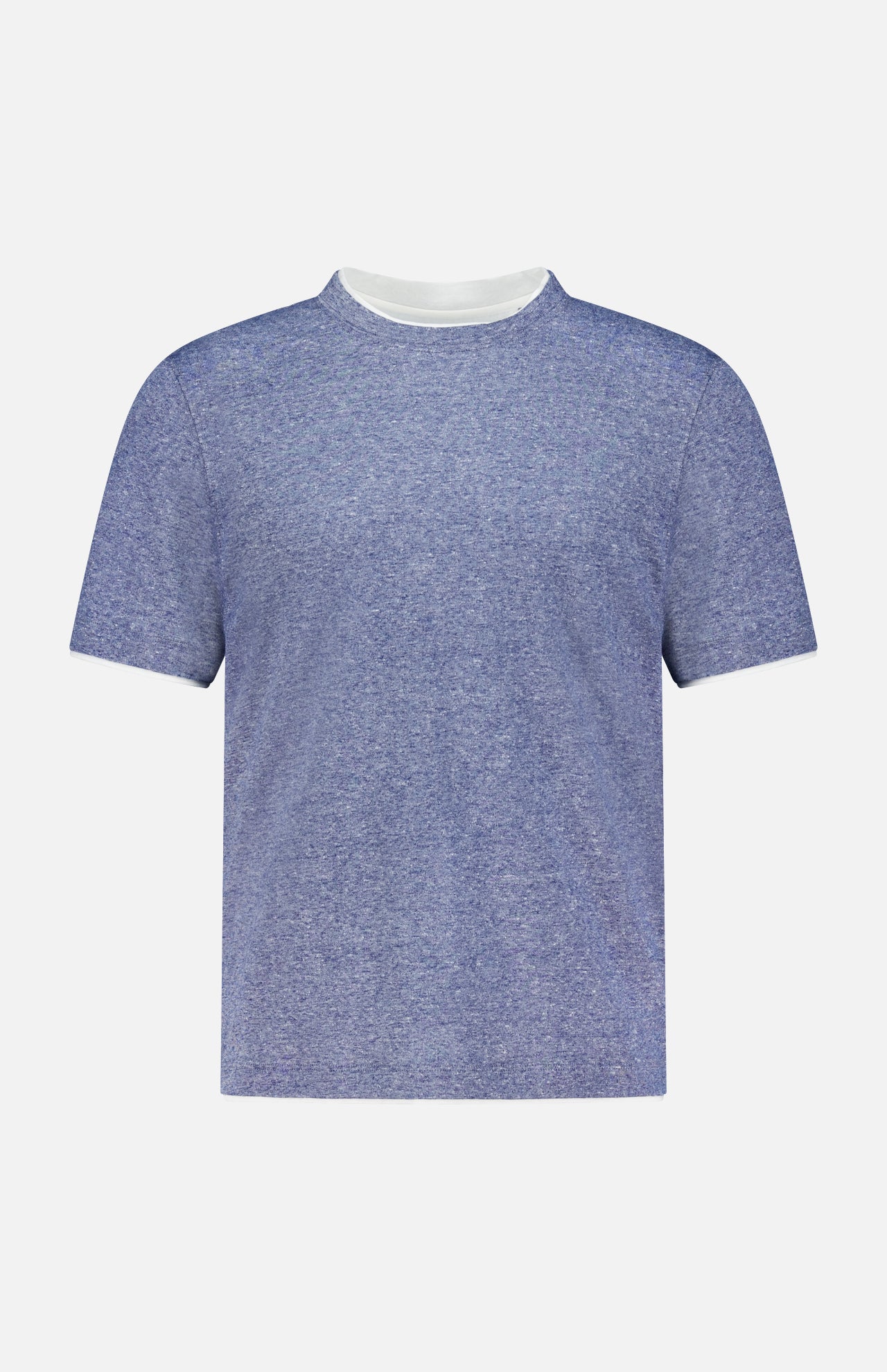 The BRUNELLO CUCINELLI Linen Cotton Double Layered T-Shirt in heathered blue features a classic white crew neck and is made in Italy, shown against a plain white background.