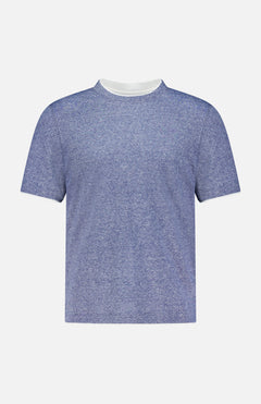 The BRUNELLO CUCINELLI Linen Cotton Double Layered T-Shirt in heathered blue features a classic white crew neck and is made in Italy, shown against a plain white background.