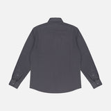 The back of the BRUNELLO CUCINELLI Linen Long Sleeve Shirt, shown in dark gray with buttoned cuffs and a collar, is laid flat on a light background. Crafted in Italy, it offers timeless style and comfort.