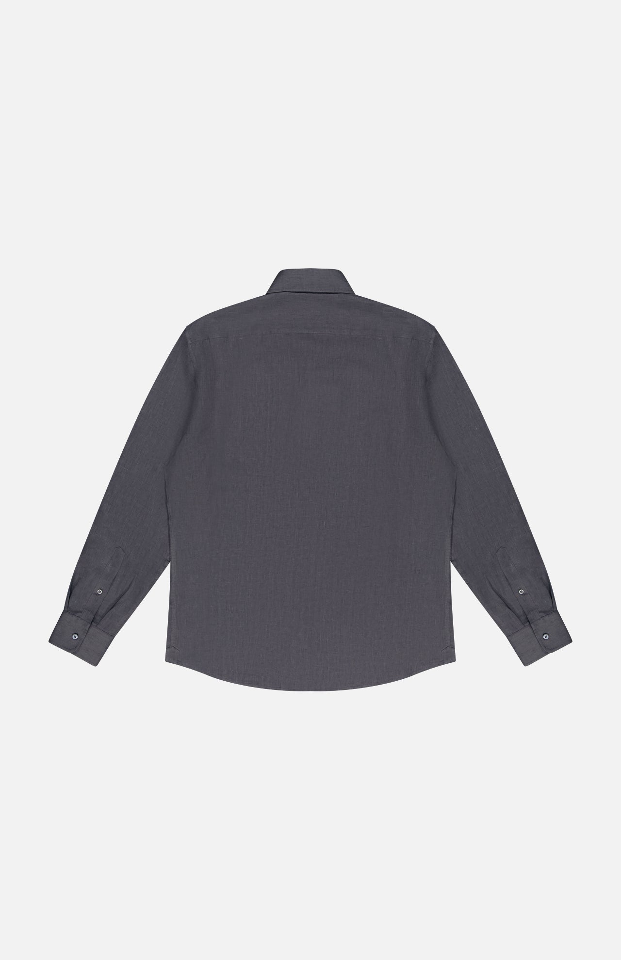 The back of the BRUNELLO CUCINELLI Linen Long Sleeve Shirt, shown in dark gray with buttoned cuffs and a collar, is laid flat on a light background. Crafted in Italy, it offers timeless style and comfort.