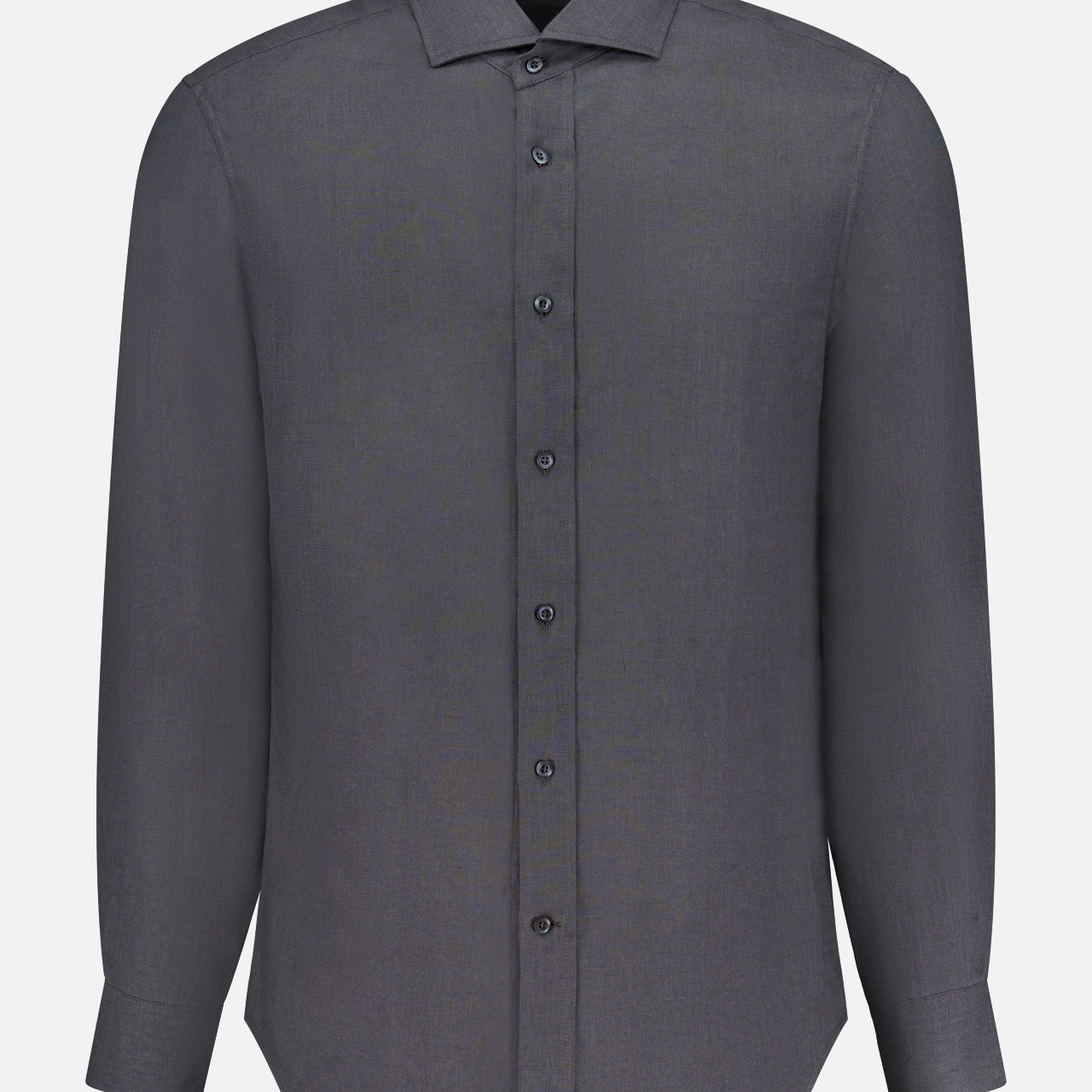 The BRUNELLO CUCINELLI Linen Long Sleeve Shirt is a men's charcoal grey button-up with a classic collar, shown against a plain white background.