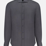 The BRUNELLO CUCINELLI Linen Long Sleeve Shirt is a men's charcoal grey button-up with a classic collar, shown against a plain white background.
