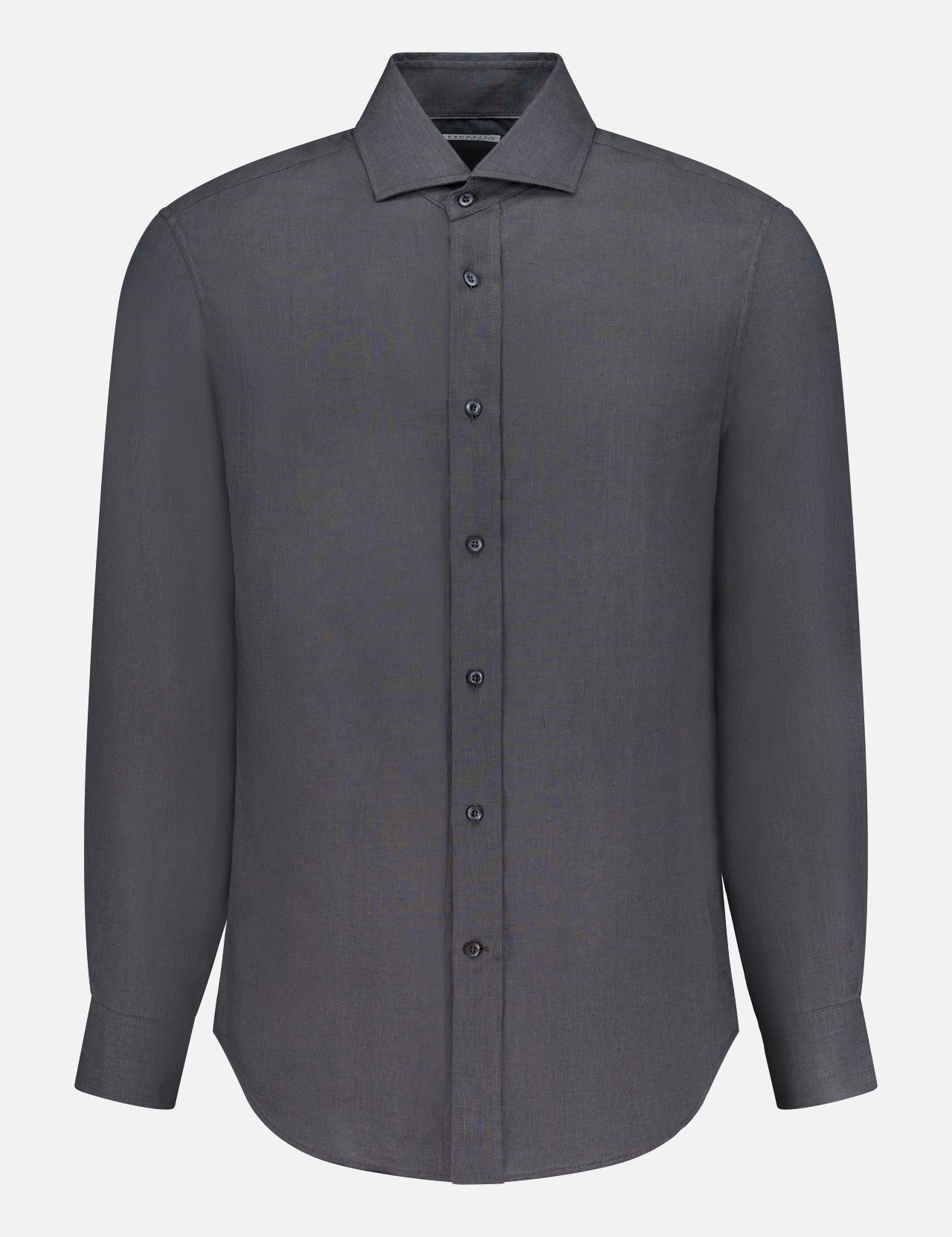 The BRUNELLO CUCINELLI Linen Long Sleeve Shirt is a men's charcoal grey button-up with a classic collar, shown against a plain white background.