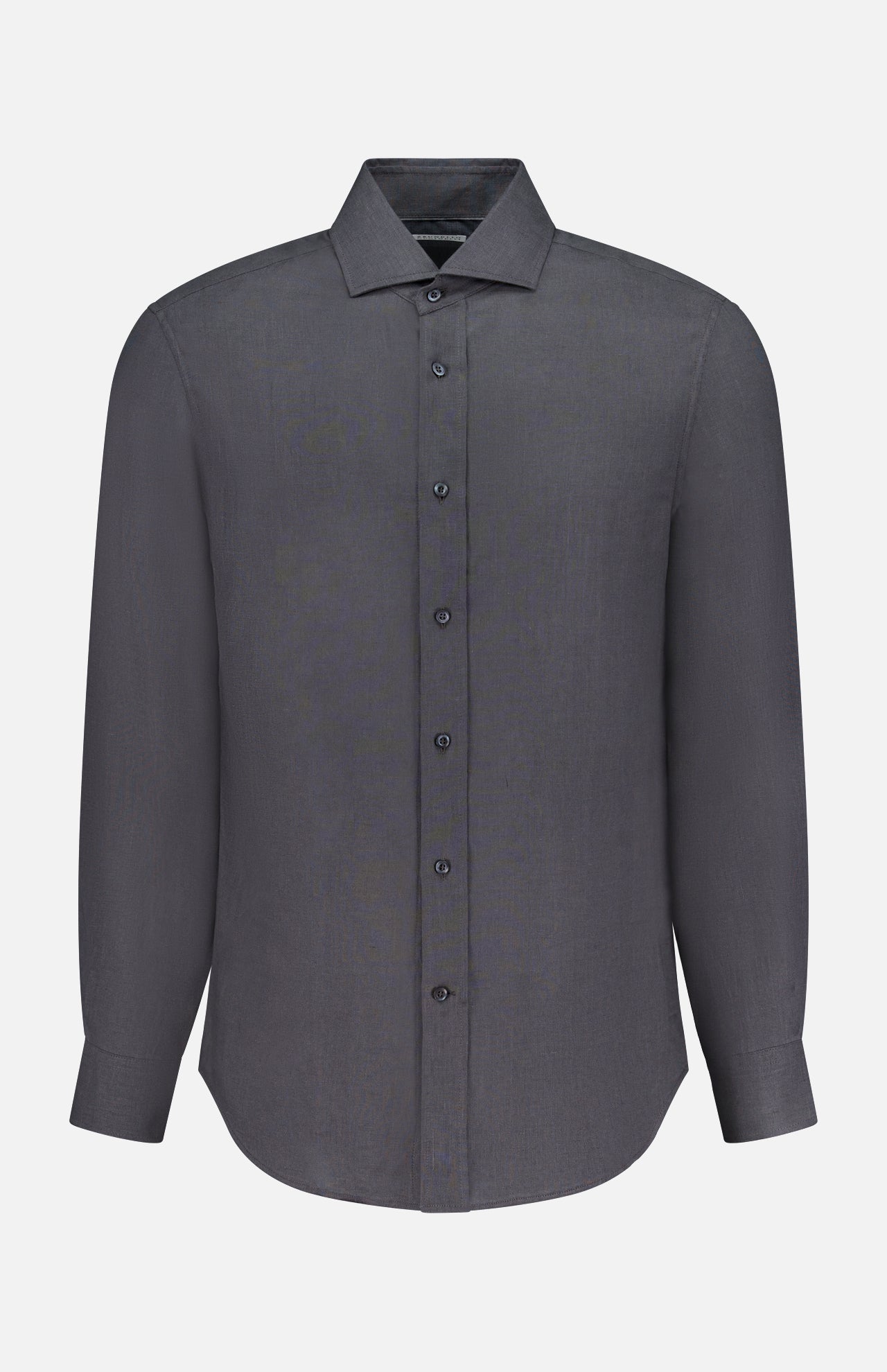 The BRUNELLO CUCINELLI Linen Long Sleeve Shirt is a men's charcoal grey button-up with a classic collar, shown against a plain white background.