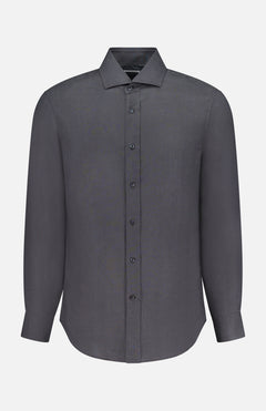 The BRUNELLO CUCINELLI Linen Long Sleeve Shirt is a men's charcoal grey button-up with a classic collar, shown against a plain white background.